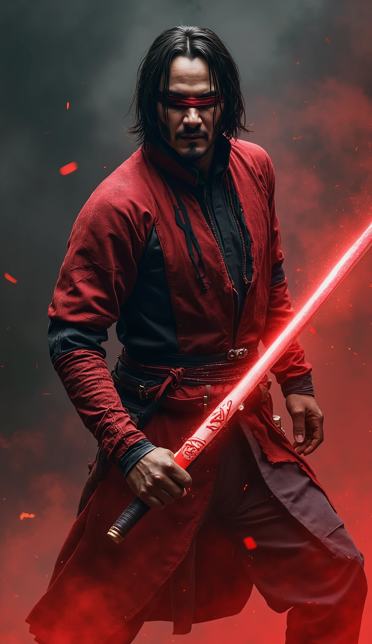  but his posture and movements demonstrate that he sees much more than any common warrior  *Mortal Kombat*.  by the force of his own will ,  with leather details and light armor ,  he exudes an enigmatic and imposing presence . ** His red stripe covers his eyes **,  Each stroke of his blade is accompanied by a wave of mystical energy .  

 With his legendary sword I sit in hands ,  Keanu embodies the essence of Kenshi with perfection : a lone warrior, moved by vengeance and honor ,  Keanu Reeves assumes the role of Kenshi in a intense and philosophical interpretation of the blind swordsman of {x} whose connection with ancient spirits gives him telekinetic abilities and a keen perception of the battlefield.  mixing martial arts with precise and devastating sword attacks ,  His invisible gaze seems to pierce the soul of his opponents .  

 despite the challenges ,  his voice is calm and charged with wisdom ,  reflecting his journey of self-discovery and redemption . your movements are fluid and calculated,  Keanu Reeves like Kenshi brings a unique depth to the blind warrior .  Wearing a modern samurai costume in shades of red and black ,  anticipating his blows before they even happen .  

 With a mysterious air and an indomitable spirit , , transforming him into a legendary figure — an unbeatable swordsman ,  capable of reaching his enemies without him even having to touch them ,  guided by fate .** His red stripe covers his eyes **
