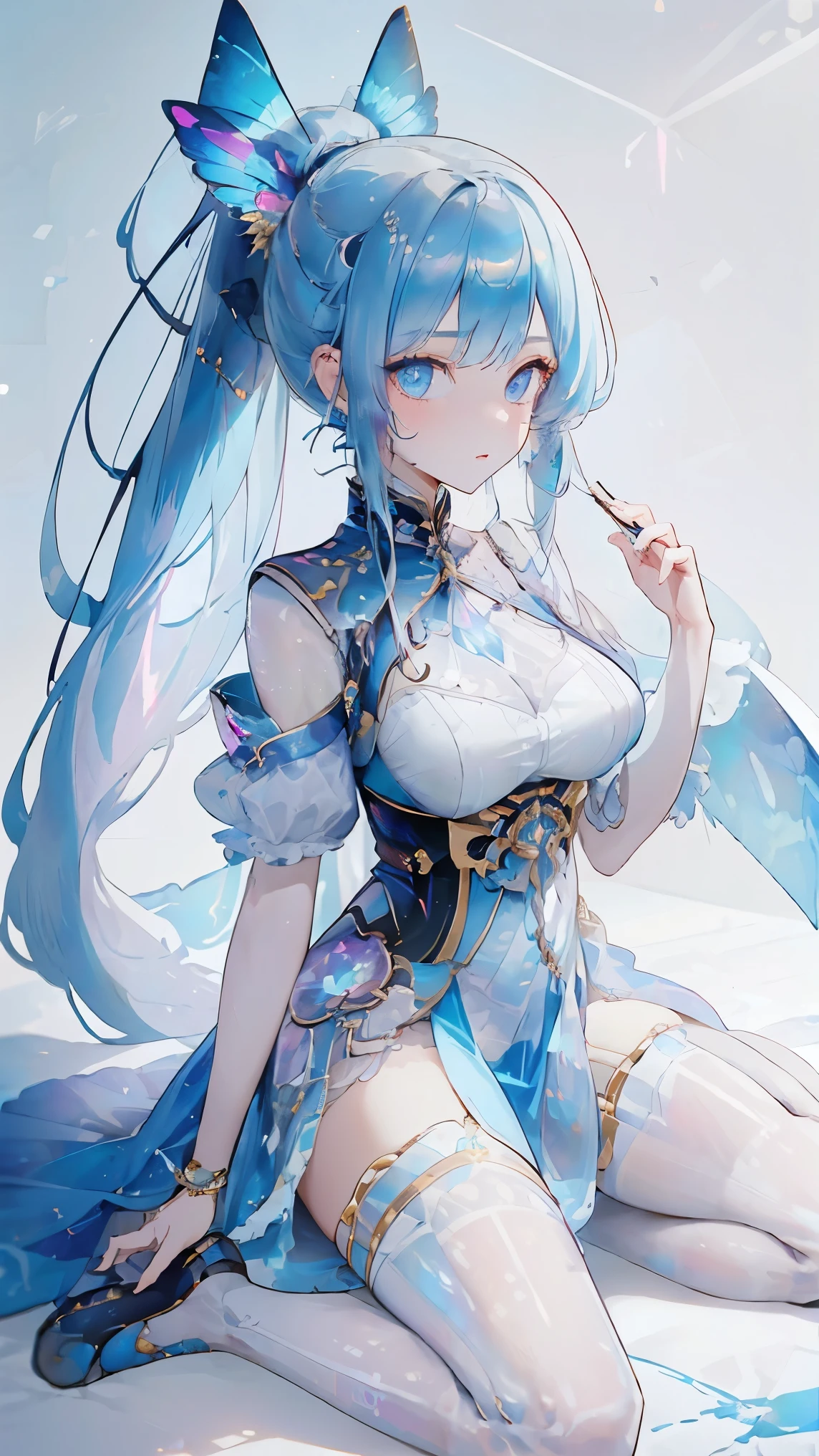 ((best quality)), ((masterpiece)), (detailed), perfect face, textured skin, ((super detail)), high quality, high details, hologram, Holographic colors, cyberpunk, cyberspace dweller, swallowtail butterfly wings, Blue hair, long ponytail, Blue eyes, Kneel, support herself with her right hand