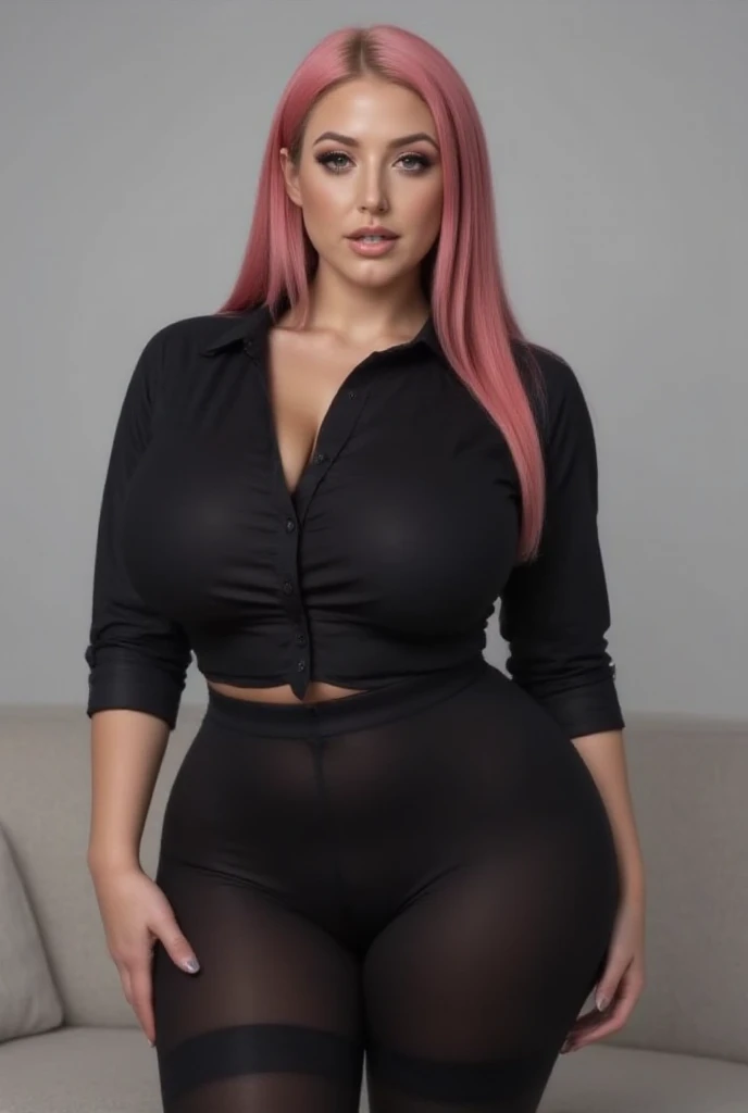 1 girl, big body, slim build, small waist, Fishnet black, huge breasts, (((fishnet pantyhouse))) large grid, ((thin thong)), ((black sweatshirt)), thick legs, wide hips, big legs, [[[nipples]]], big butt, embarrassed face, steam and sweat, tight clothing, pulled up sweatshirt ,((big nipples)), sagging breasts, long hair ,light blue eyes , pink hair, ramdom hairstyle, naked breasts, hearts rose, huge thighs, navel, black tight mesh ,((massive big  )) , ((mature)), woman,