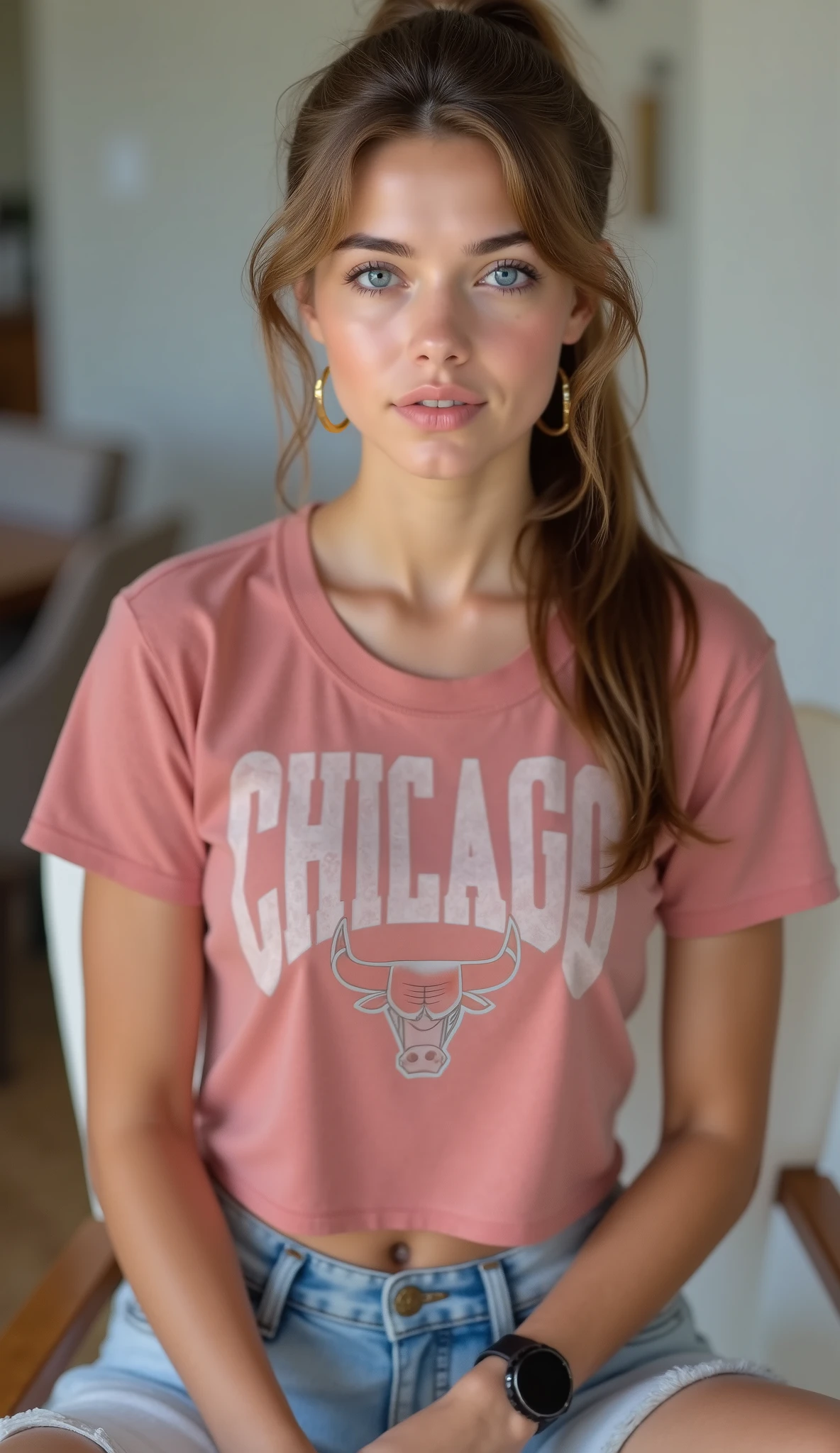 Mia, (masterpeace, high quality, high resolution, photorealistic, photography), beautiful college student, white skin, athletic body, light blue eyes, ponytail with strands falling over her face. 45 degree full body angle from head to toe, she is wearing a Chicago Bulls t-shirt, denim shorts, Nike sneakers.
Details: watch on her arm, large gold hoop earrings
Location: she is sitting in a chair with one leg curled up on the chair