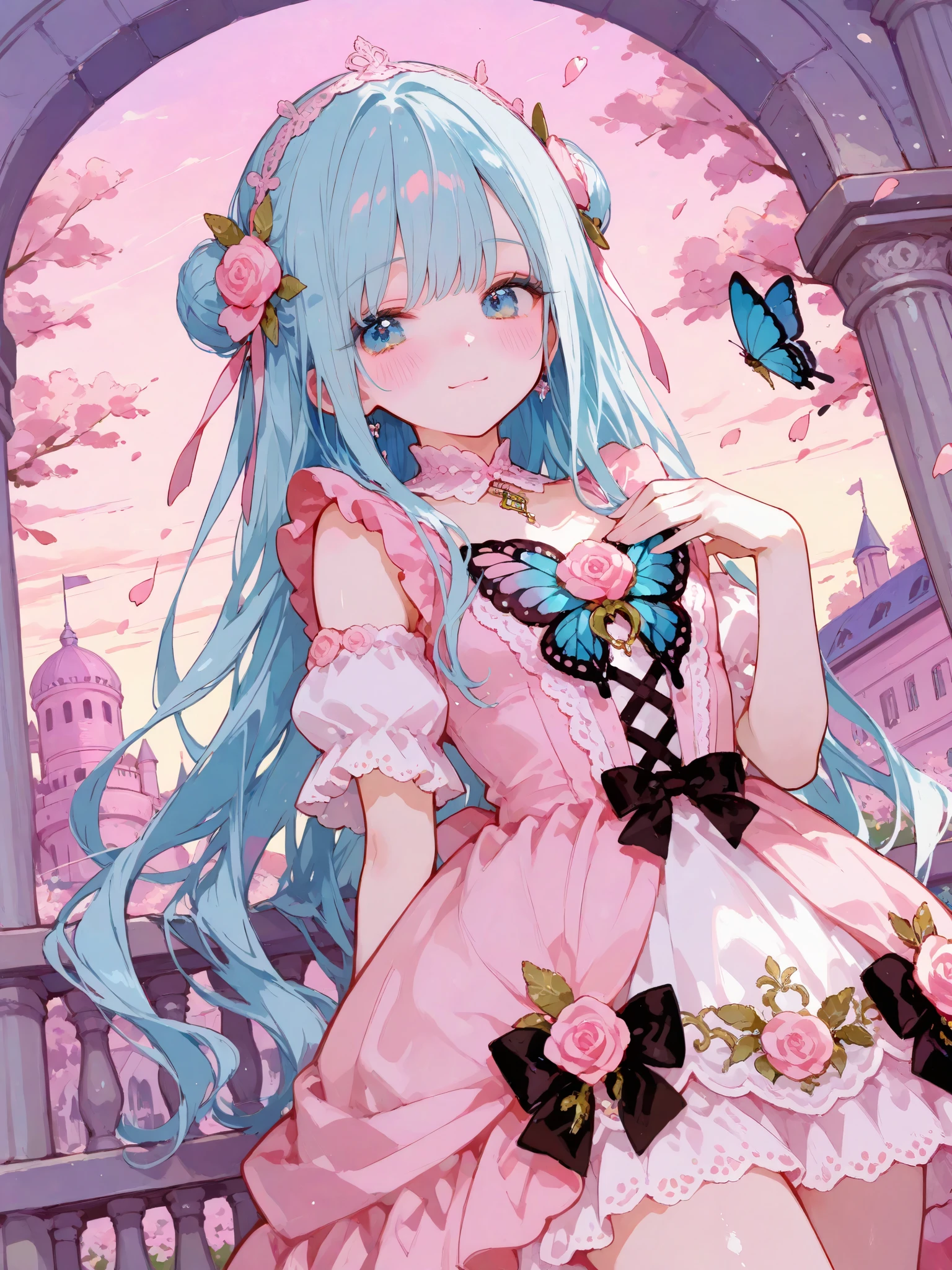 masterpiece, best quality, ultra-detailed, an anime-style scene featuring a young girl with long, flowing blue hair and big, sparkling blue eyes. She stands in front of a whimsical pink castle, her expression soft and curious as she looks back over her shoulder. Her dress is a cute combination of pink and white, adorned with ribbons, and her hair is styled with a lace headband and pink roses. The sky is filled with soft pastel colors, and cherry blossom petals float through the air, adding a magical touch to the scene. Butterflies also flutter around her, adding a sense of movement. The colors are vibrant, with the soft pinks and blues creating a dreamy and enchanting atmosphere, perfect for a fairytale-like adventure.
