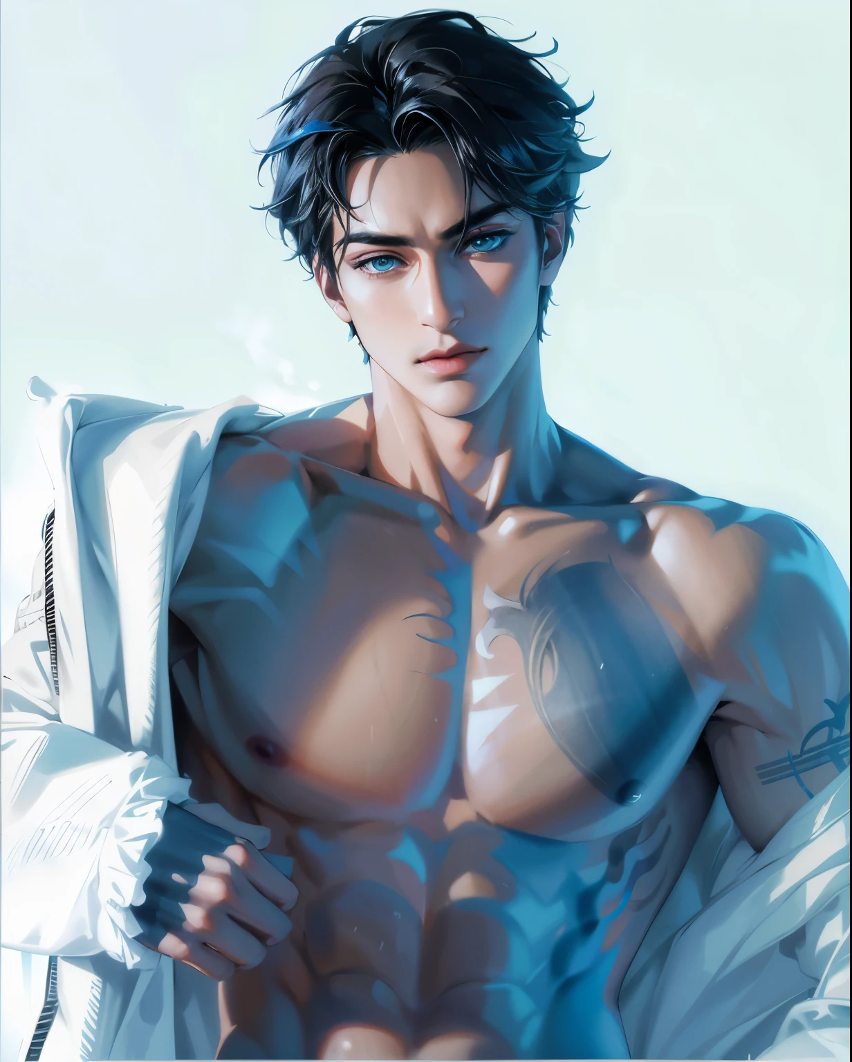 8k, Complex, elegant, Very detailed, majestic, digital photography, surreal painting, defeat magic, Winding lightning, (Masterpiece, Side light, fine and beautiful eyes: 1.2), HDR, (bright blue eyes)), Naked upper body, (bright tattoo), elegant boy, cana, musculature, Dark skin, demon horn, Raining, elegant, in front of the camera, Masterpiece