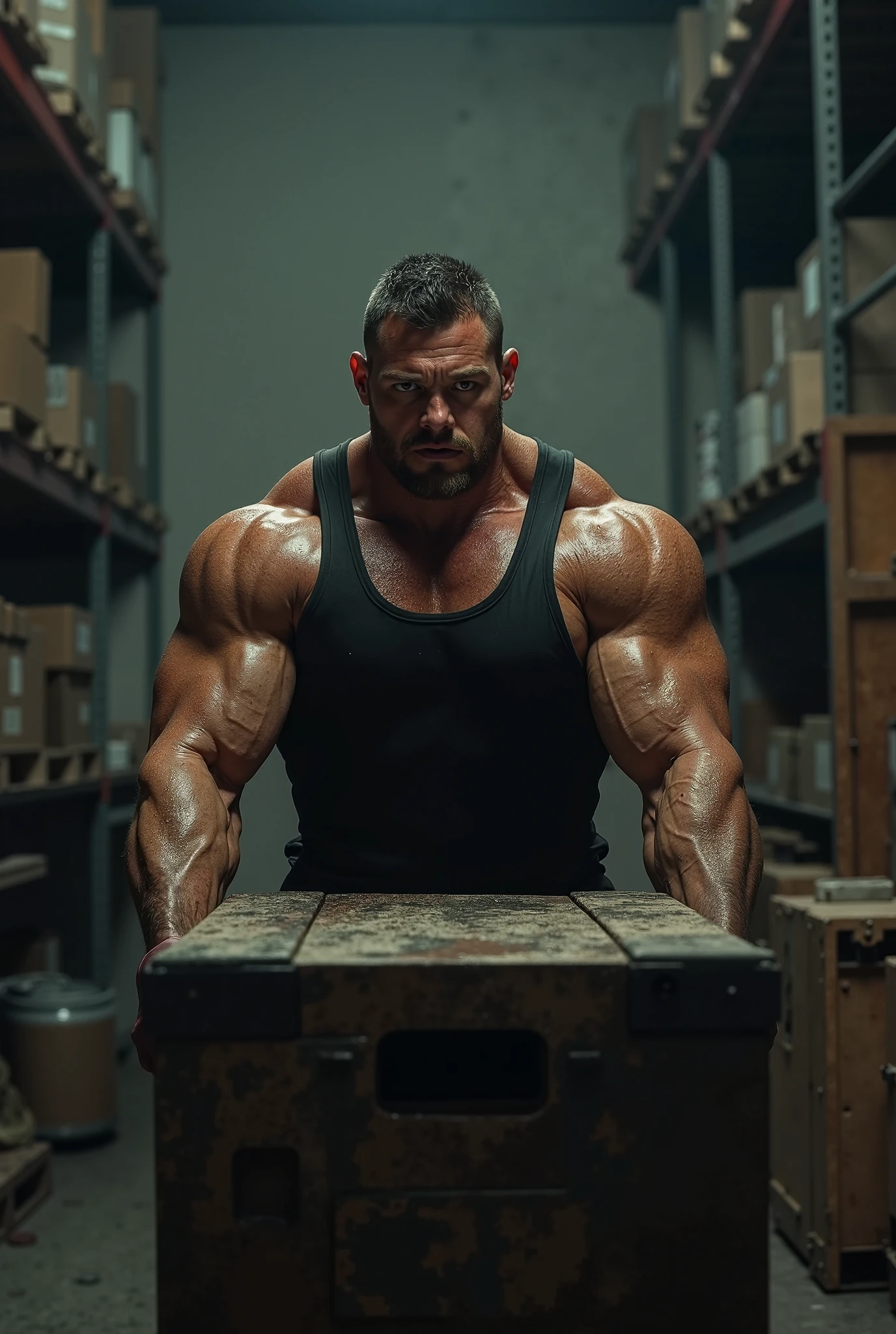 Picture from the neck down of a buff man holding a lot of Amazon packages
