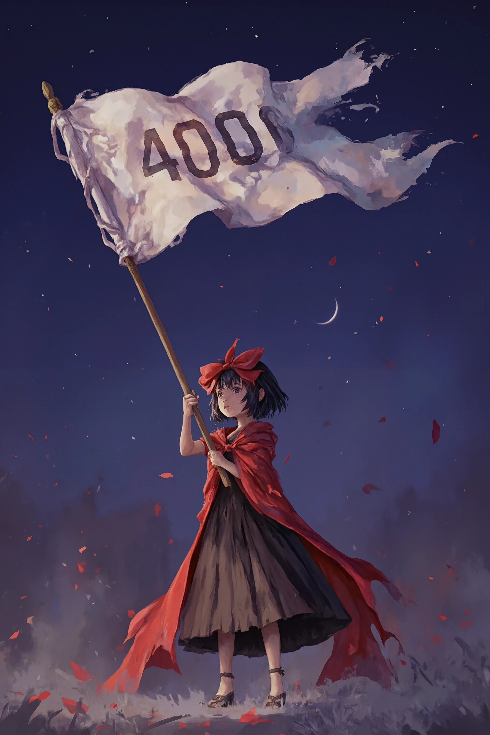 A girl with short black hair and big red ribbon on her head. She wearing a black sundress and red cloak. She holding a red flag with text "4000". Moon in background