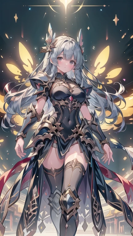 fantasy, 1devil_girl, low_teen, platina_blond_hair,long_bangs,, bare_shoulder, navel out, thighhighs,silver_armor, white_clothes,waist_armor, Glebe, hold_swords, large_breasts, dynamic_flying_pose,Floating, (1pair_bat_wings:1.2),(pelvic_curtain:1.3), silver_Headgear ,looking_down_at_sunrise_city_sky_background,,slightly_spread_legs, some_swords,some_swords_floating_around_the_girl,solo,horn ,smile,,open_legs,open_arms,rise_knee,rise_leg,rise_thigh,rise_leg,forward_leaning_posture,apart_legs,fang,Shiny_gold_eyes