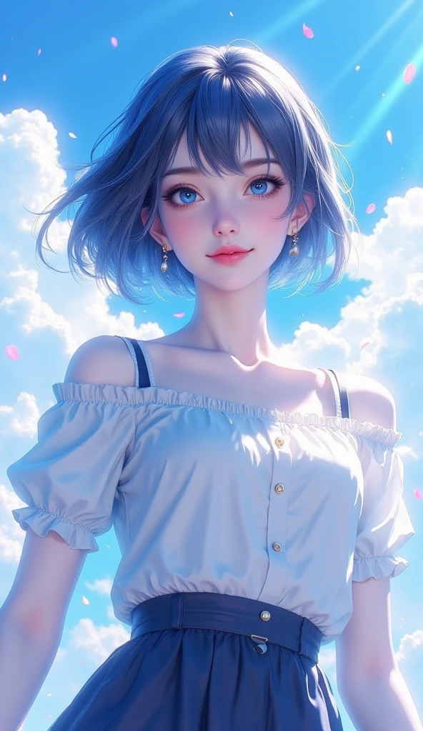 Gentle expression, (High-definition CG 8K wallpaper: 1.0), Sunlight, (Illustration), (Small breasts: 1.1), Short blue and silver hair, Marble hair, Center of frame, (Reality: 0.8), Young, cute, art station, meadow, one girl looking up at the sky, solo, white lace dress, model posing, cleavage, cowboy shot, shy, asymmetrical hair, depth of field, blue sky, barefoot, viewing look at someone,