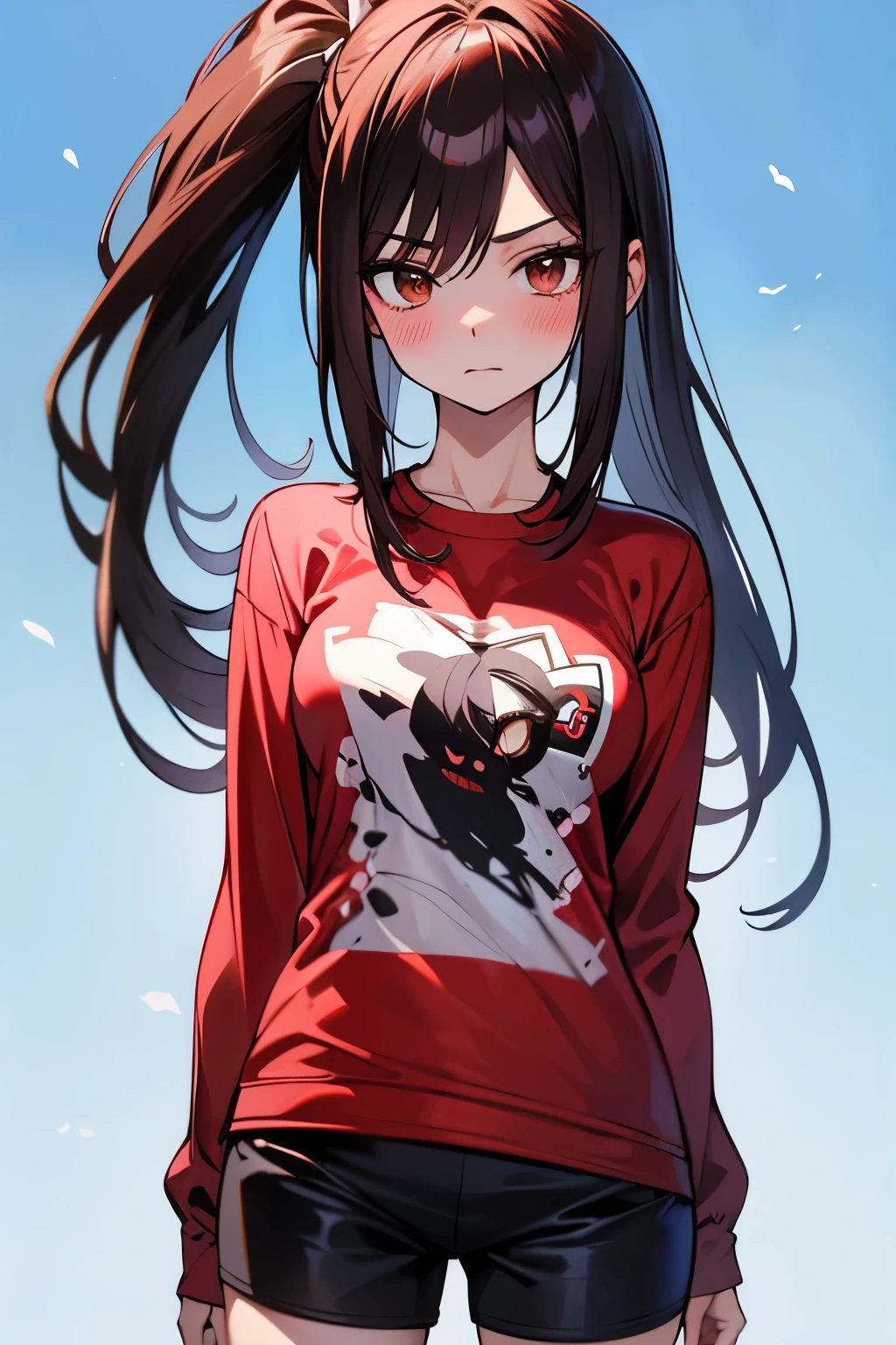 absurdres, highres, ultra detailed, young adult, Erza scarlet ,blush , solo, brown eyes, long-sleeve t-shirt, black shorts, medium chest, looking at viewer, ponytail hairstyle.