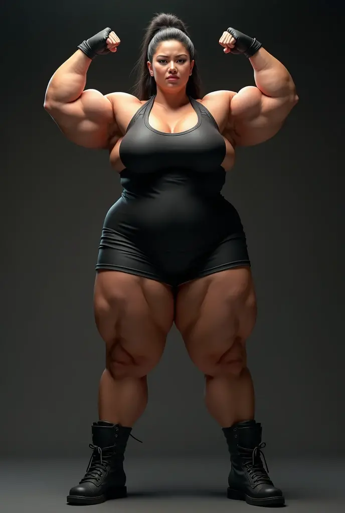 tmasterpiece,(Full body like:1.1),Burly woman,Exaggerated large muscles,Beautiful and charming asian woman face,largeeyes, 1female,Thin waist,Very broad shoulders,Huge latissimus dorsi, Strong and powerful arms,Stout arms,Thick and powerful leg muscles,long leges,a little bit chubby