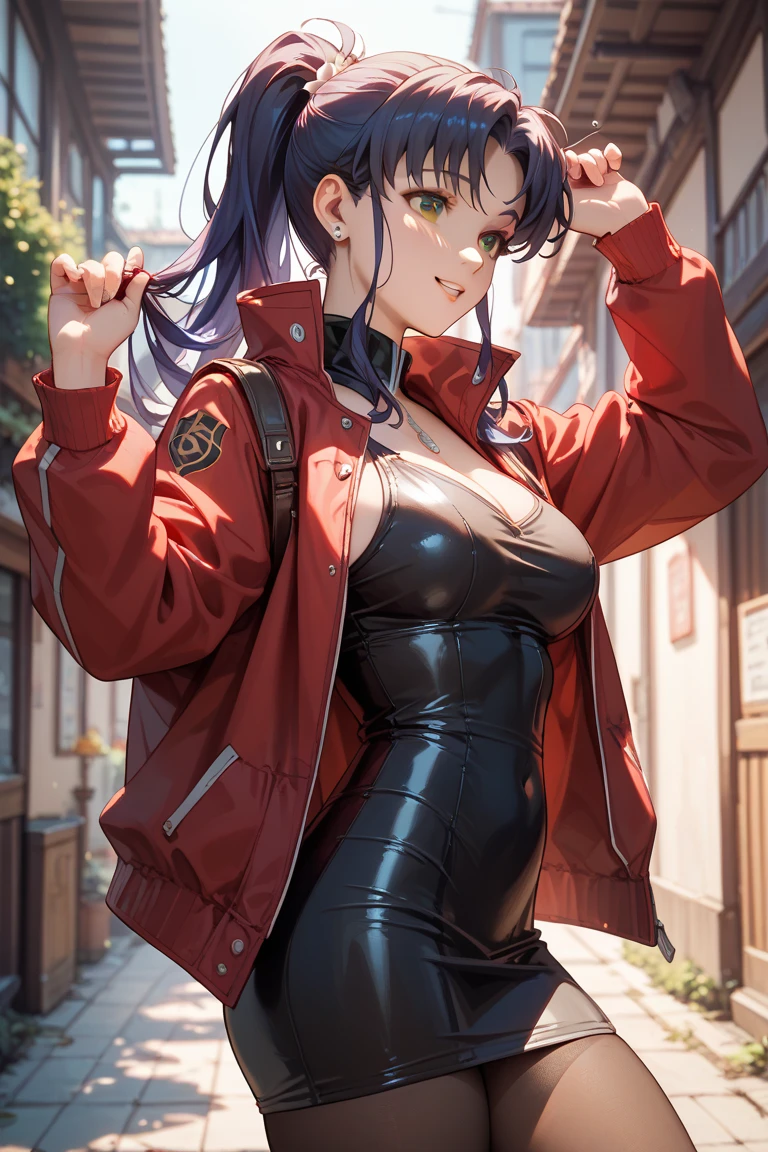 Masterpiece ,best quality , high resolution , ultra detail , colorful , soft light , mild light , sunlight , shinny , (perfect fingers , Detailed fingers, perfect hands) , (1 girl solo:1.38) , (Misato katsuragi) , (black eyes, ponytail , purple hair, medium_long_hair, make up, necklace, tall, slim body) , (wear bikini , red jacket , strapless , head tilt) , (cleavage:1.15) , (big breast:1.1) , (outdoor, firework , in park,  night , moonlight , romance light) , (standing cowboy shot) , ( full face blush , shy , smile , open mouth) , (front view , fave view , looking view)