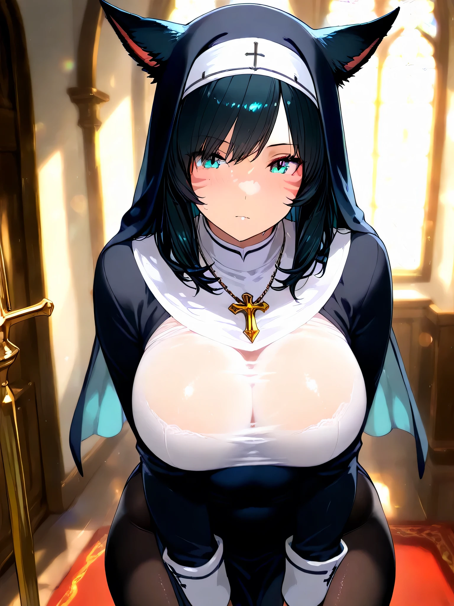 mastute piece,Best Quality,insanely detailed,8k cg,nsfw,
(shoot upper body:1.3),
(1girls:1.3),standing,looking at viewr,body in front,both arms behind back,(nun uniform:1.3),
break,
blush,shy,(ecstasy face),(trembling:1.2),break,(light blue hair),
break,
perfect breasts,perfect teats,(open mouth:0.9),(large breasts:1.3),
(church)、