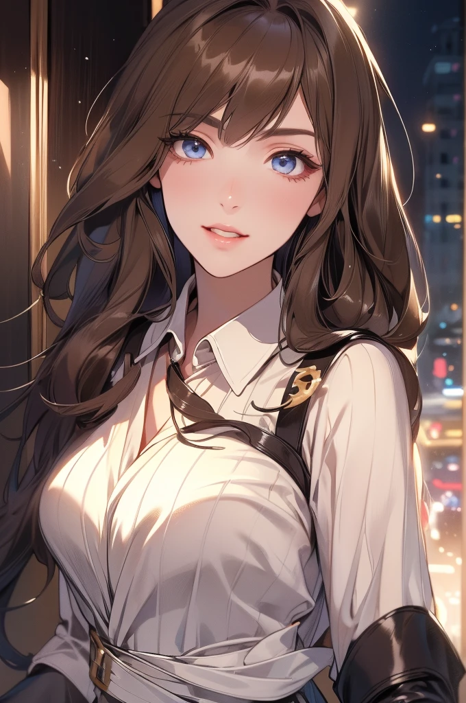 ((Biologically correct number of limbs))、(( Full body photo including face))、4K、masterpiece、((focus on the face))、((Symmetrical facial features))、Eyes of minute description、Beautiful woman、outstanding style、beautiful clavicle、beautiful legs、slender body、(small ass、thin thighs）、(black garter stockings、high heels）、Detailed depiction of faces、small earrings、necklace、high angle、(upper body cardigan、shirt、Lower body long skirt、trench coat）、walking down the street at night、close up of face、lighting to the face、smile、Natural form５This finger、skin color is brown、turn one&#39;s face upward、buckshot、