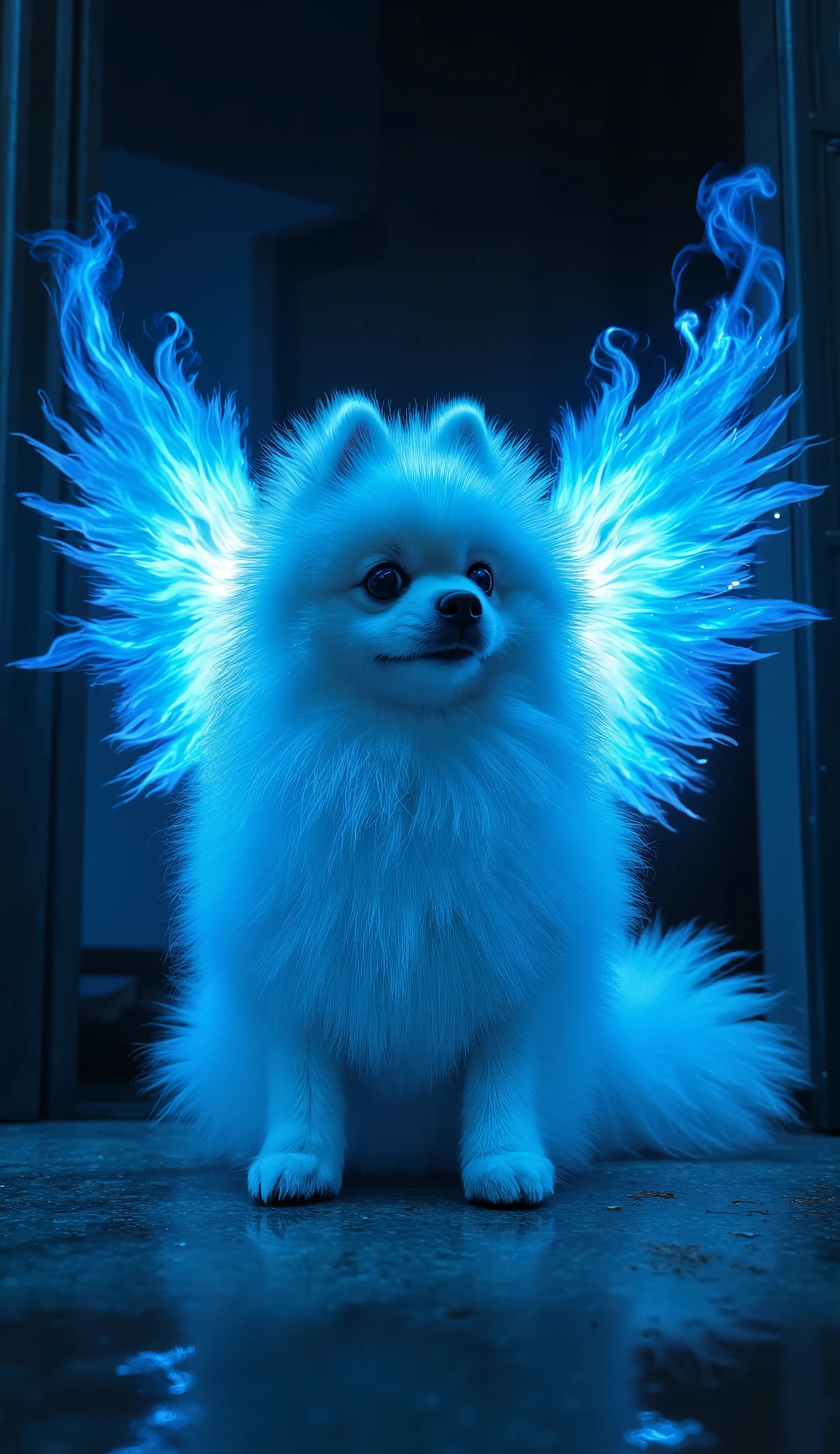Winged White Pomeranian engulfed in blue flames behine her.