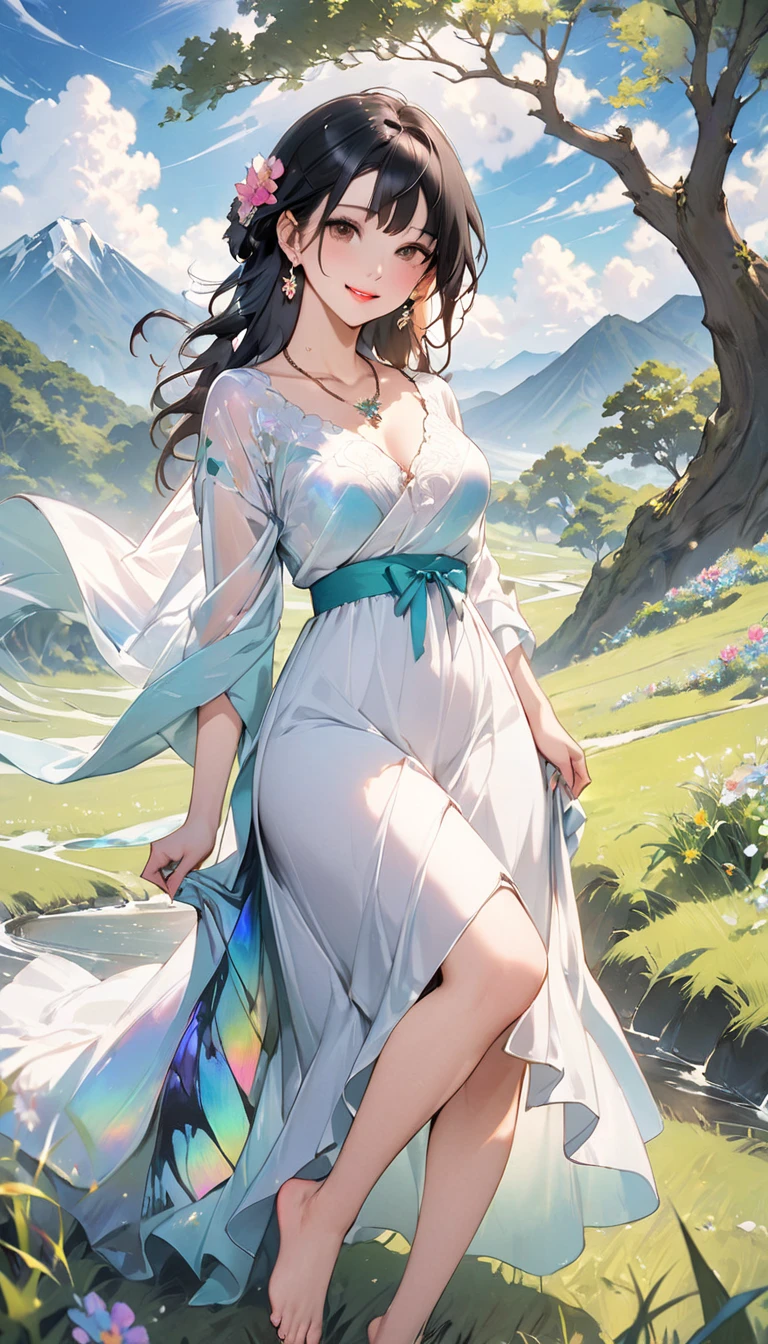 (masterpiece、Highest quality、8k、High resolution)、1 female、Beautiful eyes with slit length、Cute lips、Beautiful Nose、Brownish black hair、smile、(Best anime girl)、Green grassland with forest view、Walking,(Flying barefoot, high, high, high),Colorful flowers blooming in the field,A bright night with the stars clearly visible、milky way、Mysterious light particles from the whole body、Colorful light particles、A mysterious light shining around your head、melt、jewelry、necklace、White lace dress、(Beautiful full body style)、Highly detailed anime art、A complete portrayal、