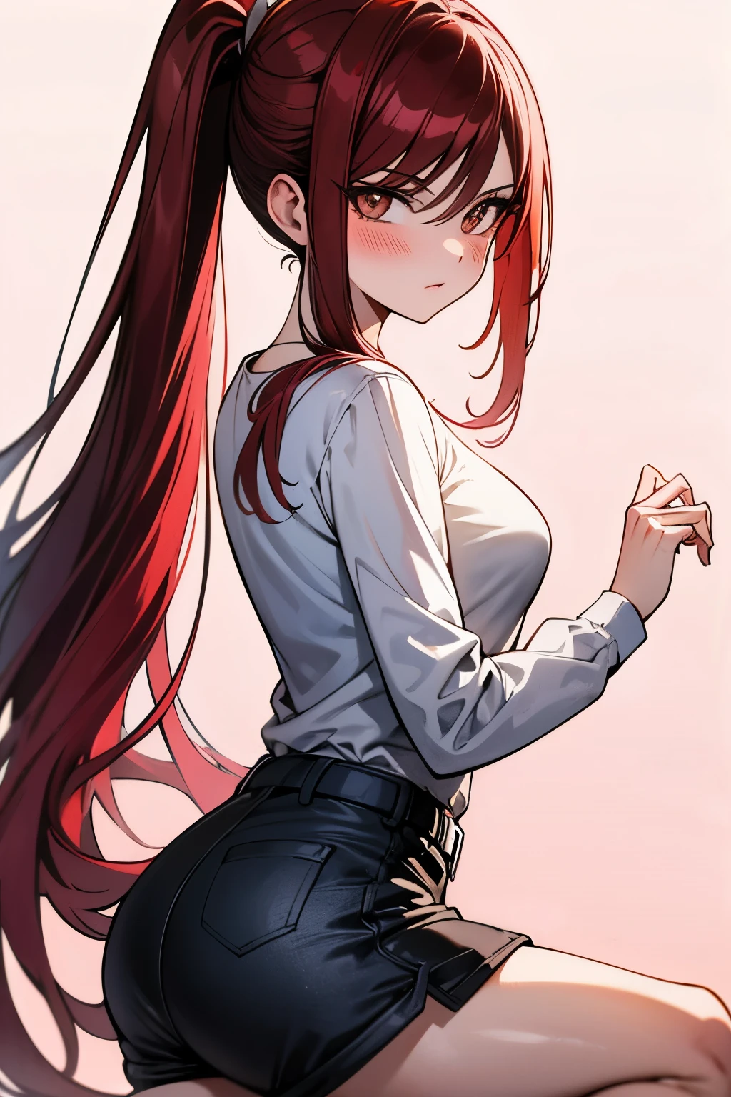absurdres, highres, ultra detailed, adult, Erza scarlet ,blush , solo, brown eyes, long-sleeve t-shirt, black shorts, medium chest, looking at viewer, ponytail hairstyle.
