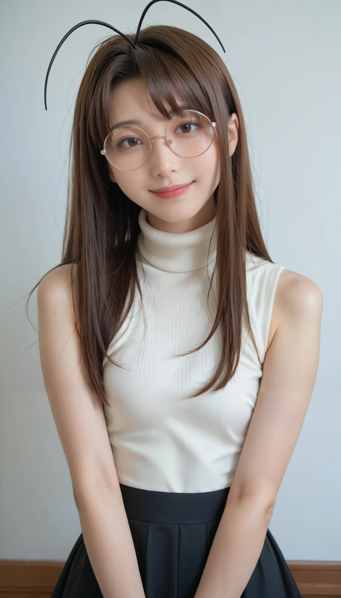 narunarusegawa, naru narusegawa, long hair, brown hair, antenna hair, realistic antenna hair, brown eyes, amazingly beautiful face, realistic japanese female face, light cosmetics, detailed face,
gothic girl outfit, black stockings, black skirt, sleeveless, black miniskirt, turtleneck, sleeveless turtleneck, round glasses
indoors,
looking at viewer, smiling, centered photo, UHD 16K RAW Photo, photorealistic, masterpiece, best quality