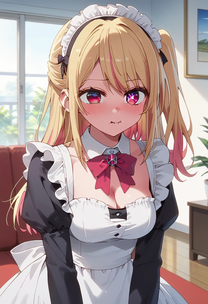 Absurd resolution, high - resolution , (masterspiece:1.4), Ultra Verbose , (((Solo))), 1girl, Red eyes, Medium breasts, Long hair, blond hair, Straight hair, Bangs, earrings, cleavage, maid outfit, smile