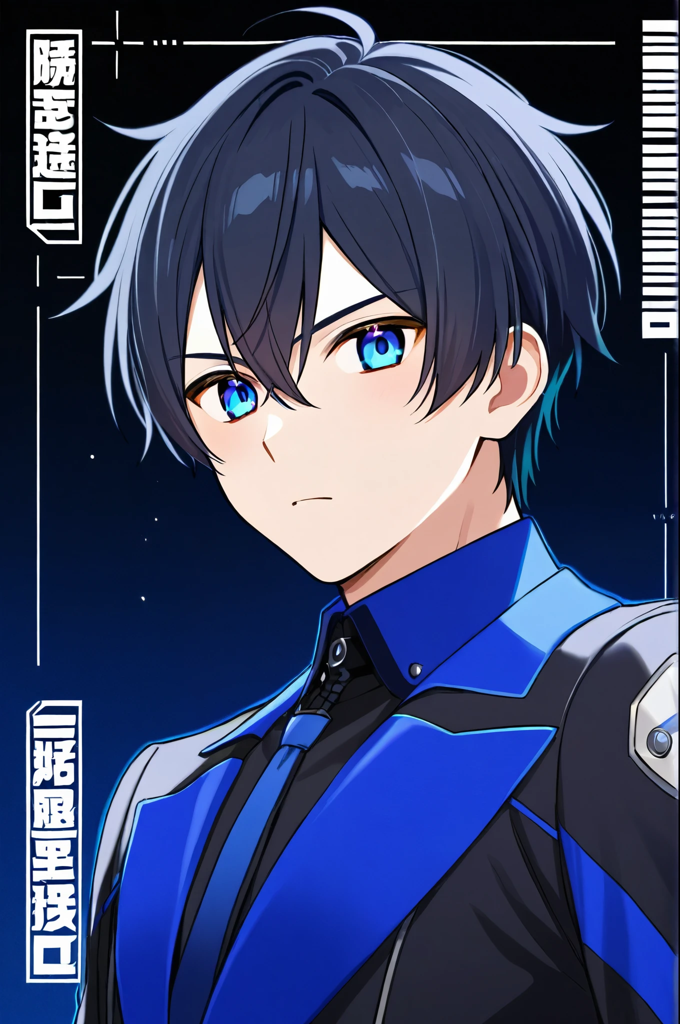 Anime boy with black hair and blue eyes wearing a blue gothic suit