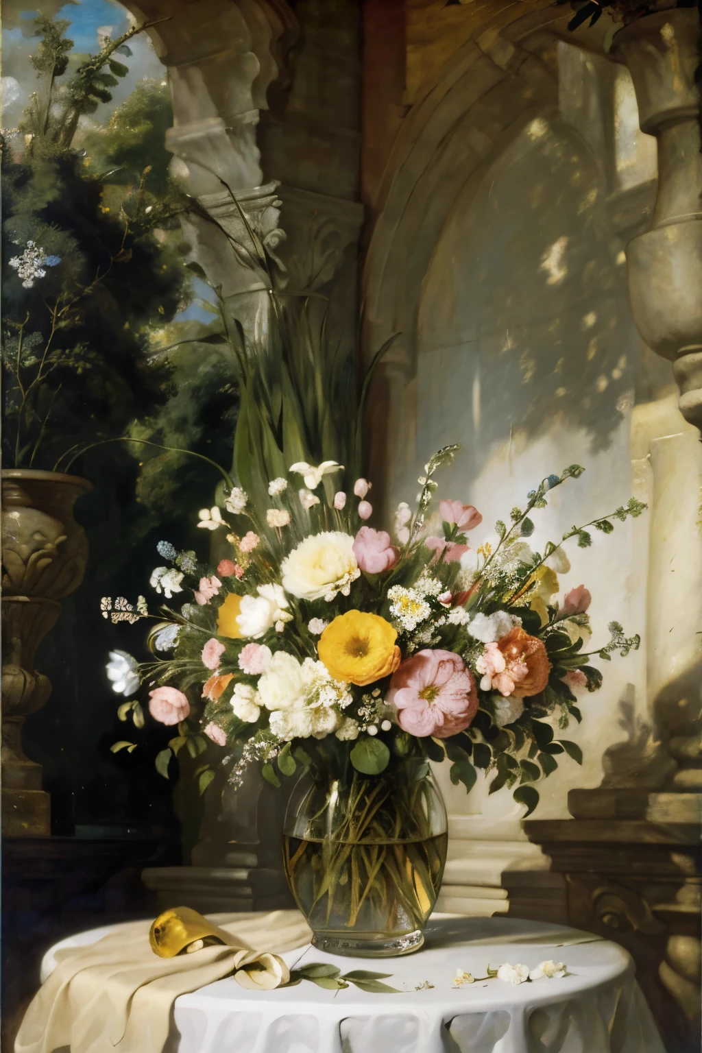 painting of a Flowers in a vase on a table with a cross, Still life inspired by François Boquet , Flickr , Romanticism, Flowers in a vase, Still Life with Flowers , Flowers in a Vase, Flowers and petals, Summer Light, bouquet, summer sunshine, Frederick Judd Waugh , Still Life in a White Vase , Floral Explosion, Spring flowers