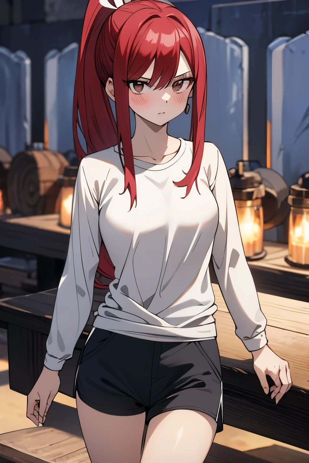 absurdres, highres, ultra detailed, young adult, Erza scarlet ,blush , solo, brown eyes, long-sleeve t-shirt, black shorts, medium chest, wide legs, looking at viewer, ponytail hairstyle.