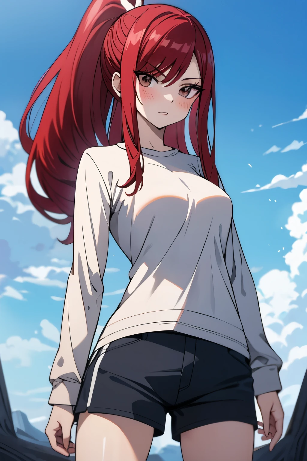 absurdres, highres, ultra detailed, young adult, Erza scarlet ,blush , solo, brown eyes, long-sleeve t-shirt, black shorts, medium chest, wide legs, looking at viewer, ponytail hairstyle.