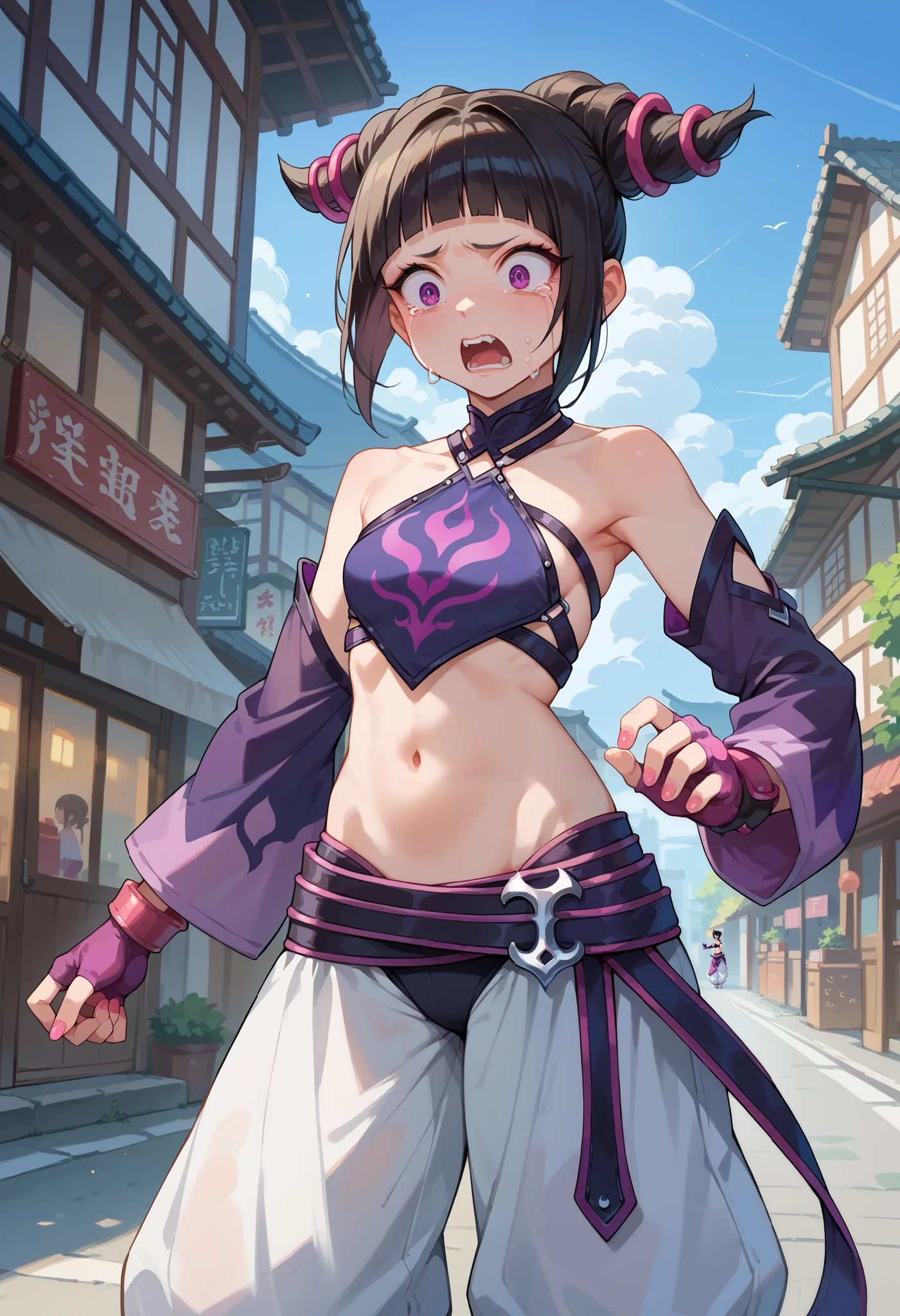 score_9, score_8_up, score_7_up, score_6_up, (li), 1girl, solo, juridgog, purple eyes, black hair, bangs, hair horns,detached sleeves, fingerless gloves, pink nails, baggy pants, white pants, bracelet, halterneck, shiver, shocked, crying, screaming, standing, looking down, outdoors, street, japanese village, small breasts, oversized sleeves, oversized, pants,