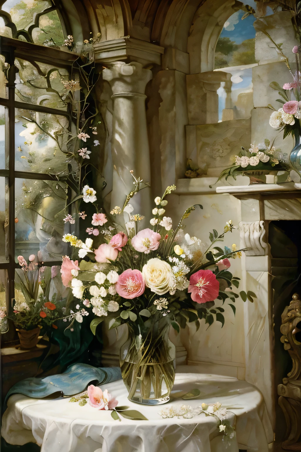 painting of a Flowers in a vase on a table with a cross, Still life inspired by François Boquet , Flickr , Romanticism, Flowers in a vase, Still Life with Flowers , Flowers in a Vase, Flowers and petals, Summer Light, bouquet, summer sunshine, Frederick Judd Waugh , Still Life in a White Vase , Floral Explosion, Spring flowers