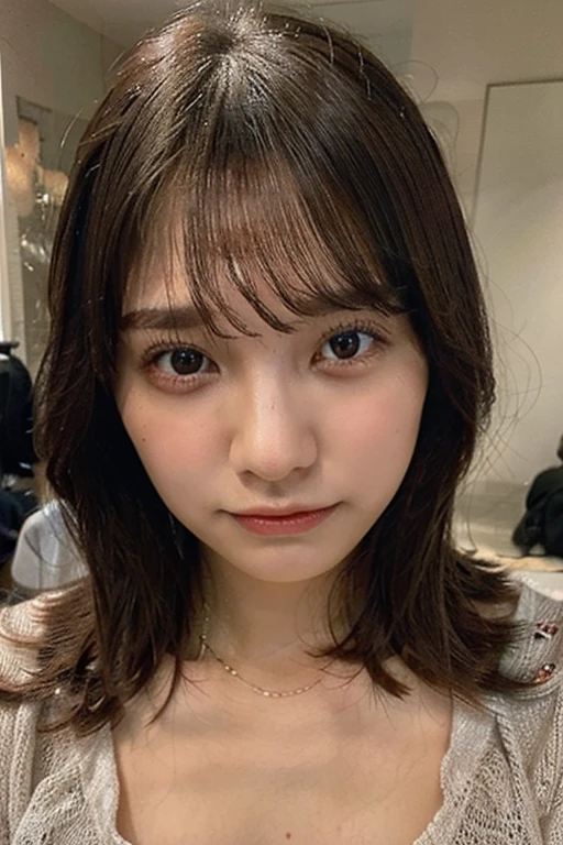 A beautiful woman with a gentle and charming Japanese spirit, half body photo, delicate and sexy clavicle, Attractive plump face, double eyelid, smart droopy eyes, pink lips, small upturned nose, small breasts, bare shoulders, concentrated face, close up of face, ultra high resolution, Sexy underwear