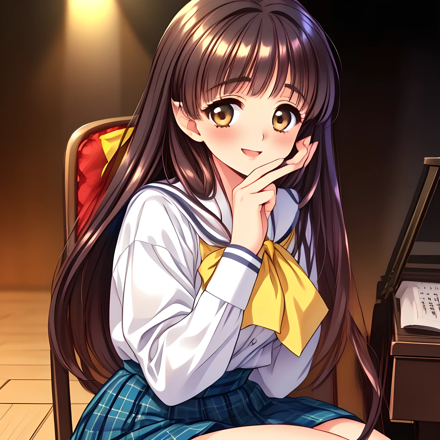 (highest quality, masterpiece:1.2), highest quality, High resolution, 1080p, 8K, Height: 160cm, (Noble lady, just won the noble beauty Grand Prix, taking care of a turtle's head gracefully, amazingly neat & clean, in peace and neat lovely strong charm, face up, look down, tilted head: 1.8), (Too noble beautiful lady like a love-story comic heroine), (laugh in bliss), (Whispering the viewer's subliminal desire secretly to hypnotize the viewer), A very lovely, very noble, pretty and pure beautiful girls. ((Bursting out Laughing very elegantly)), Using expensive whitening cosmetics by cosmetics artist: 1.2), A face that everyone loves, Glossy lips, Even bangs, (Too beautiful blue fascinating shiny (brown eyes) with love to the viewer, with detailed clearly (like girlish comics beautiful lovely heroine): 1.5), ((Black long Hair)), ((long amazingly beautiful straight wavy long hair: 1.5)), (Neat sailor uniform, neat expensive (white silk frilled blouse), (A long, very neat, dark (navy blue) (tartan-checkered pleated (dark-blue) skirt)), (too pretty shiny light-yellow realistic school ribbon): 1.5), (Extremely lustrous, shiny game heroine lips, laughing open mouth: 0.8), (Ribbon in (black hair), The ribbon is big and very pretty, Beautiful black hair like a hair model), (Tight waist, slender like a beautiful fashion model, all the high-school student ladies admire their style: 1.5), (The background is plain black space to emphasize their fascination: 1.6), (The lady knows well about the viewer's super fetishism for school uniforms, inviting the viewer into uniform dream of succubus, and satisfies it completely with her hands and skirts and (laughter giving extreme pleasure) deeply (in the viewer's clear lewd dream): 1.6), (beautiful expensive gorgeous atmosphere which the viewer can't stop being lustful: 1.5), (take a (side shot) seated nobly on a gorgeous wooden chair in front of a grand piano: 1.3)