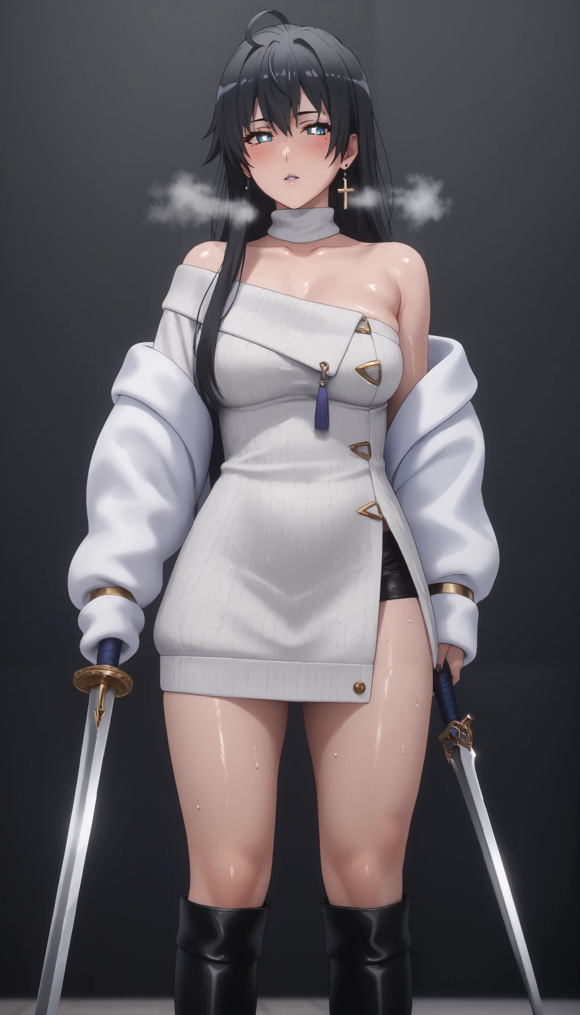 score_9, score_8_up, score_7_up, uncensored, tomoe, yukino yukinoshita, black hair, blue eyes, long hair, ahoge, horny face, blush face, (small breasts:1.2), bright pupils, anime coloring, anime screencap, (voluptuous:1.3), (thick:1.3), BREAK UHD, retina, masterpiece, accurate, anatomically correct, textured skin, super detail, high details, high quality, award winning, best quality, highres, 4K, black nails, makeup, eyelashes, excessive sweating, sweating, sweating drop, (gasping, heavy breathing:1.3), (skindentation:1.2), perfect eyes, beautiful eyes, eyelashes, makeup, detailed body, perfect body, BREAK, 1girl, weapon, solo, breasts, sword, jewelry, earrings, high_heels, full_body, simple_background, looking_at_viewer, hand_on_hip, parted_lips, hand_on_hilt, holding_weapon, boots, greaves, piercing, standing, holding, thick_thighs, sweat, holding_sword, cross, mole, thighs, high_heel_boots, cross_earrings, blush, white jacket, sweater dress, off shoulder, black shorts