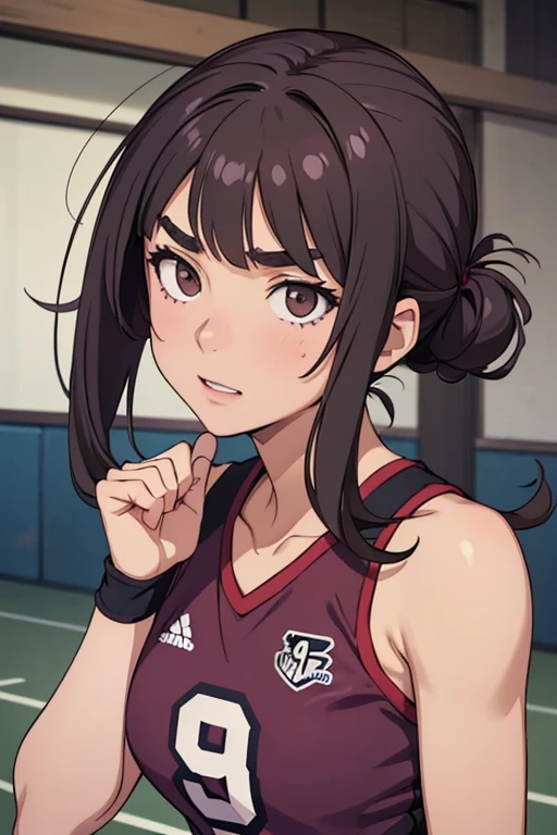  age girl in haikyuu ,   ,  sister of the Miyas  , some muscles  ,   gray eyes ,  bushy eyebrows, short shoulder-length dark brown hair with purple highlights,  dressed in a volleyball uniform   (  burgundy and black , WITH THE NUMBER 9  ) sonriendo arrogante , foreground 