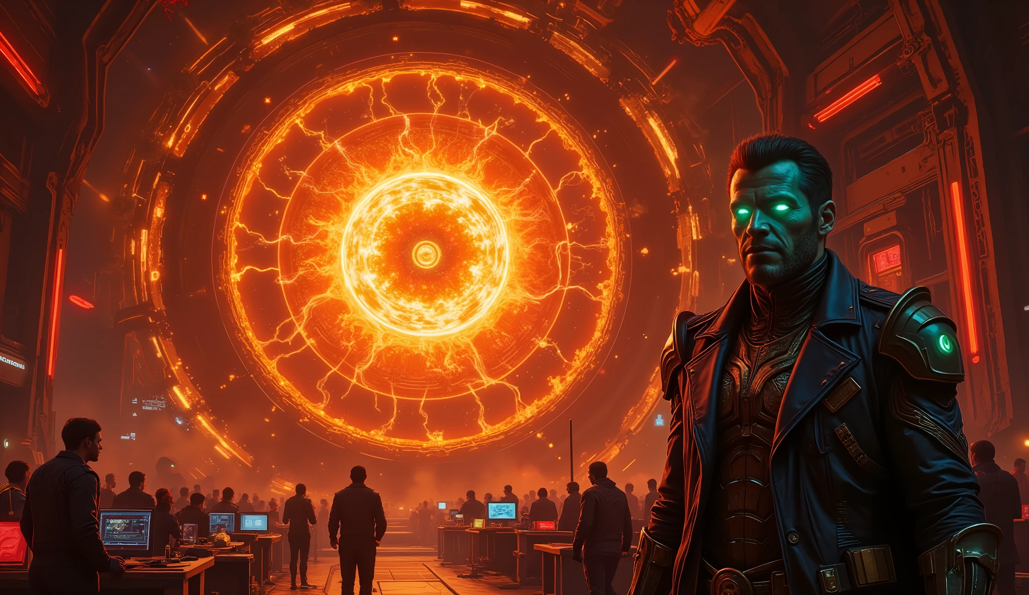 Inside the high-tech laboratory of the Imperium Solari, General Kael Draven stands at the center of a colossal control room, illuminated by the pulsating crimson glow of holographic schematics. He wears his dark navy-blue military coat with golden insignias, his cybernetic right arm humming with latent energy. His piercing emerald-green cybernetic eyes reflect the swirling projections of a superweapon—a massive stellar siphon capable of draining the energy of a sun.
Before him, an enormous reinforced observation window reveals the weapon’s prototype: a towering array of metallic rings orbiting a captive mini-star, its unstable plasma swirling violently as energy conduits channel its power into containment fields. As Kael activates the device, arcs of golden energy spiral outward, causing gravitational distortions in the lab. His expression is one of cold triumph, a sinister smirk forming as he watches the raw power of a star bent to his will.
Engineers and scientists in sleek black and red uniforms scramble to monitor the energy readings, their faces illuminated by flickering emergency warnings. The air crackles with the sheer intensity of solar energy being harvested, hinting at the cataclysmic destruction this weapon could unleash upon the galaxy.
Style: Hard Sci-Fi, Dark Futuristic, Cinematic, High Detail
Lighting: Contrast of deep red holograms, golden solar energy, and dark metallic tones
Resolution: 4K, Hyper-detailed, Realistic Space Art, Dramatic Perspective