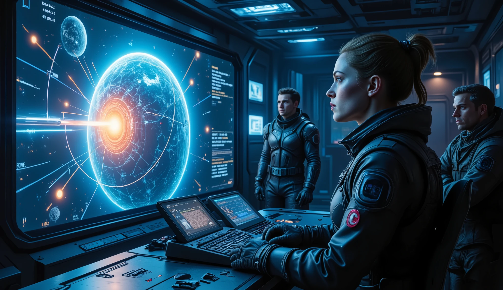 Inside the war room of the rebel headquarters, dim blue lighting casts shadows over the metallic walls, lined with control panels and tactical displays. At the center of the room, a massive holographic projection of a star system flickers into view, revealing the superweapon’s structure and its hidden weak point. The glowing orange and red outlines of the stellar siphon pulse with energy, while thin blue tactical lines trace possible attack routes.
Elara Voss stands at the edge of the projection, clad in her battle-worn armored suit, arms crossed, her piercing blue eyes fixed on the weak point displayed. Her expression is intense, determined. Beside her, Captain Doran leans over the console, analyzing the enemy’s defenses with a skeptical frown. Dr. Mira adjusts her silver-lensed visor, her fingers dancing over a control panel, refining the data stream with complex calculations.
Around them, rebel leaders and elite pilots in rugged combat gear listen intently, their faces illuminated by the holographic glow. The atmosphere is thick with tension—this is their only chance to stop Kael before his weapon is fully operational. The weight of the galaxy’s fate hangs in the air.
Style: Hard Sci-Fi, Tactical Military Sci-Fi, Cinematic, High Detail
Lighting: Deep blue and holographic glow, moody and dramatic
Resolution: 4K, Hyper-detailed, Realistic Space Art, Focused Composition