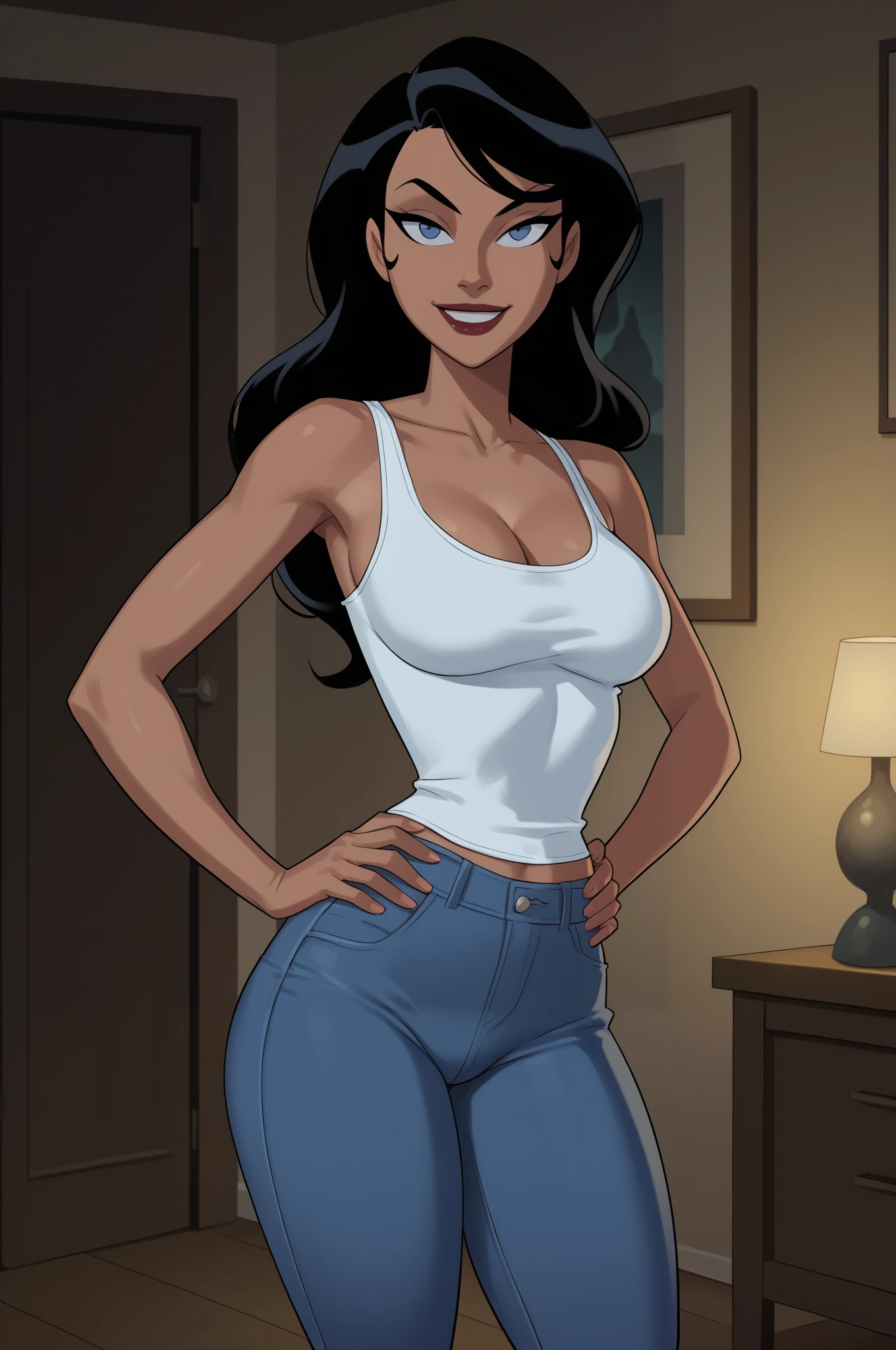 PonyXLV6_Scores BREAK ((parody) perfect anatomy, perfect eyes, cowboy shot), BREAK zatanna zatara, long hair, black hair, dark-skinned female, blue eyes, lipstick, flirting, raised eyebrow, ((looking at viewer)), long hair, blue tank top, blue jeans, large breasts, curvy, toned, athletic, standing, sexually suggestive pose, hands on hip, indoors, smiling