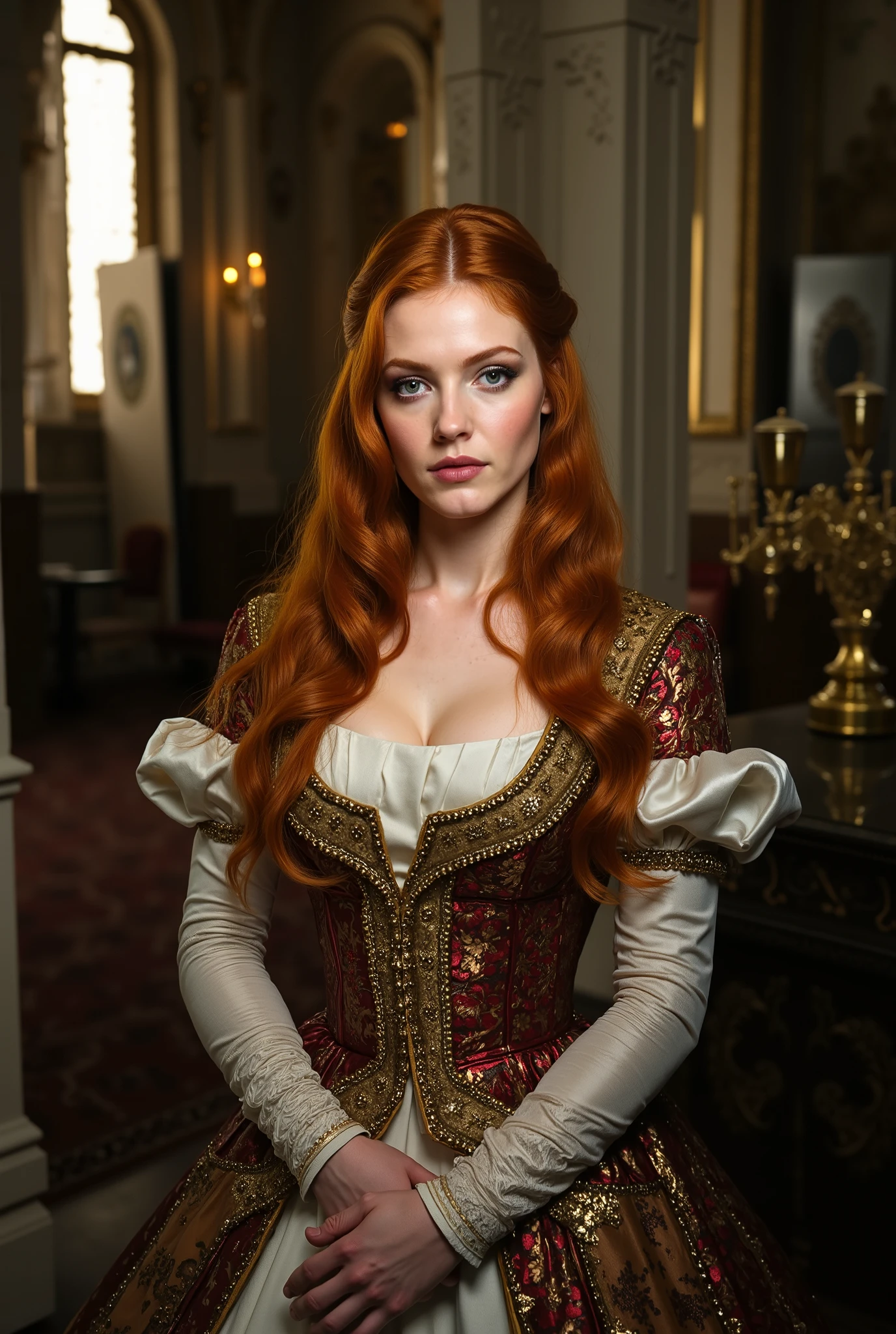 woman, beautiful, noble, in a castle, ginger hair and green eyes, detalied clothes, noble clothes, detailed image, uhd, 16k, kodak film style, cinematic