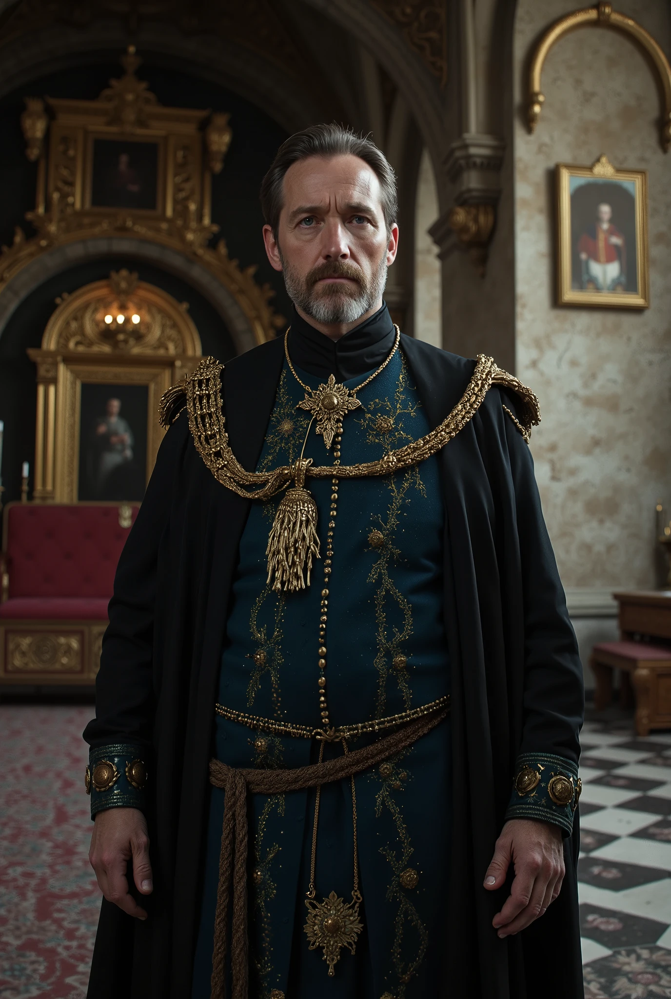 Man, 40y, handsome, stylish, noble clothes, duke, (blue eyes), in a cold castle, detailed image, uhd, 16k, kodak film style, cinematic