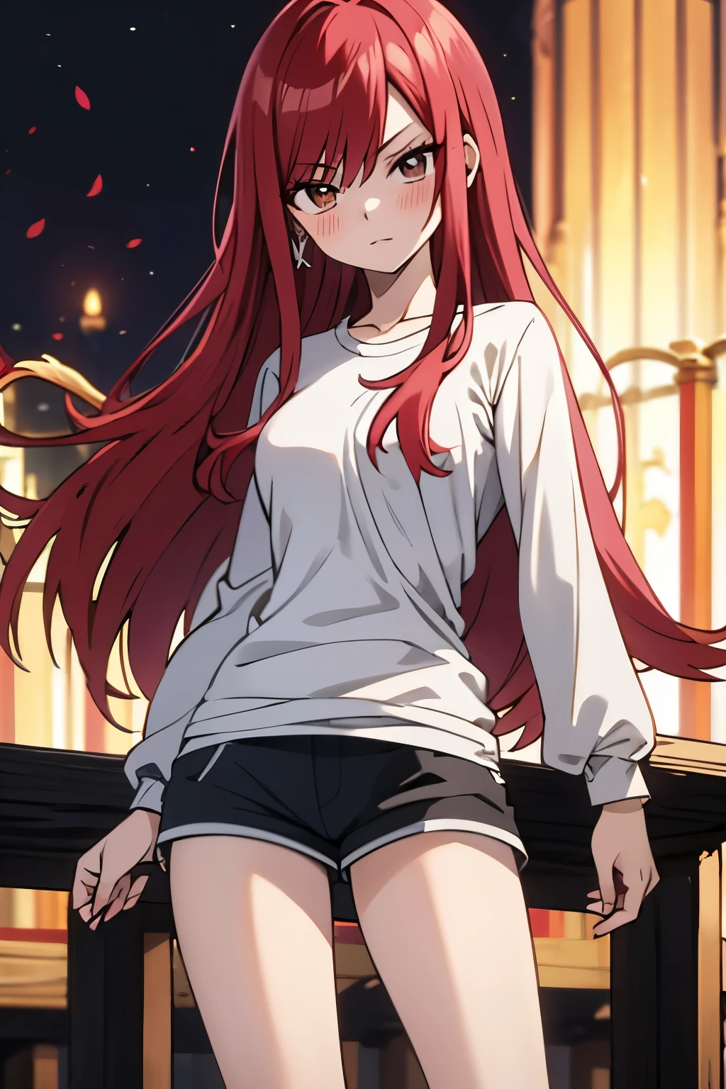absurdres, highres, ultra detailed, young adult, Erza scarlet ,blush , solo, brown eyes, long-sleeve t-shirt, black shorts, medium chest, wide legs, looking at viewer, straight hairstyle.