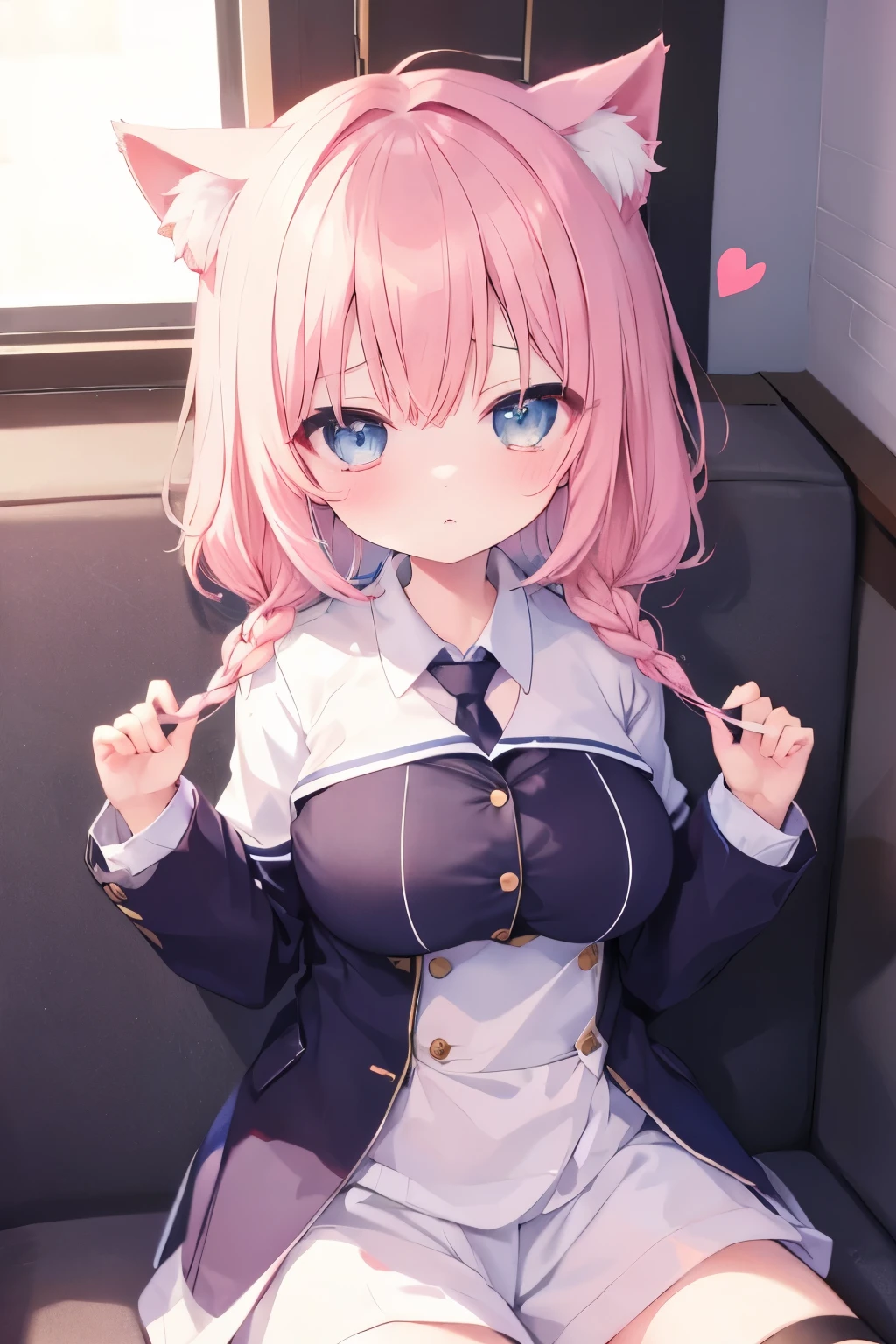 Navy Uniform、 、 Light Pink Hair ,Very beautiful and Eyeliner、 Eyeliner、 in the seat、 big breasts、Cat ears、((((( )))))、heart❤、((sweat、vapor))