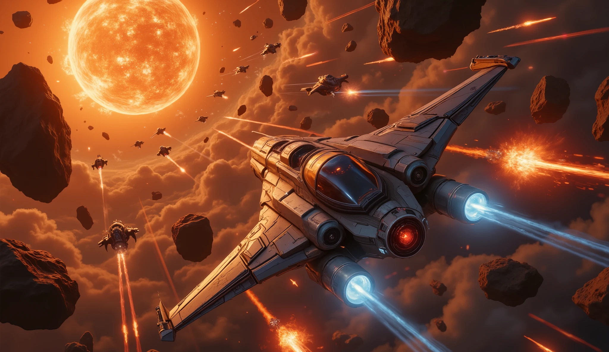 A high-speed chase unfolds in the heart of a chaotic asteroid field on the edge of a dying star system. Elara Voss and Captain Doran pilot their sleek, battle-worn starfighter, weaving through the colossal spinning rocks with expert precision. The metallic hull of their ship reflects the eerie orange-red glow of the collapsing star in the distance, while glowing blue ion trails mark their rapid movements.
Behind them, a fleet of Imperium Solari interceptor ships pursues with ruthless efficiency, firing streaks of crimson laser fire and plasma-tipped missiles. The explosions ripple through the asteroid field, shattering smaller rocks into glowing embers that scatter in all directions.
Inside the cockpit, Dr. Mira frantically works on the ship’s holographic navigation display, analyzing gravitational shifts and plotting a narrow escape route through the shifting debris. Her silver-lensed visor flashes as she calculates the trajectory, while Captain Doran calls out enemy positions, his face tense under the flickering cockpit lights.
Elara, gripping the controls, executes a daring maneuver—diving into the gravity well of a rogue asteroid, using the sudden acceleration to slingshot their ship at an impossible angle. The pursuing enemy ships, unable to react in time, are caught in the asteroid’s pull and crushed into fiery wreckage.
The battle is a breathtaking blend of speed, destruction, and sheer tactical brilliance as Elara leads the chase toward the next stage of their mission.
Style: Hard Sci-Fi, High-Speed Action, Cinematic, High Detail
Lighting: Intense explosions, glowing asteroid debris, contrasting cold shadows and warm dying-star glow
Resolution: 4K, Hyper-detailed, Realistic Space Art, Dynamic Camera Angles