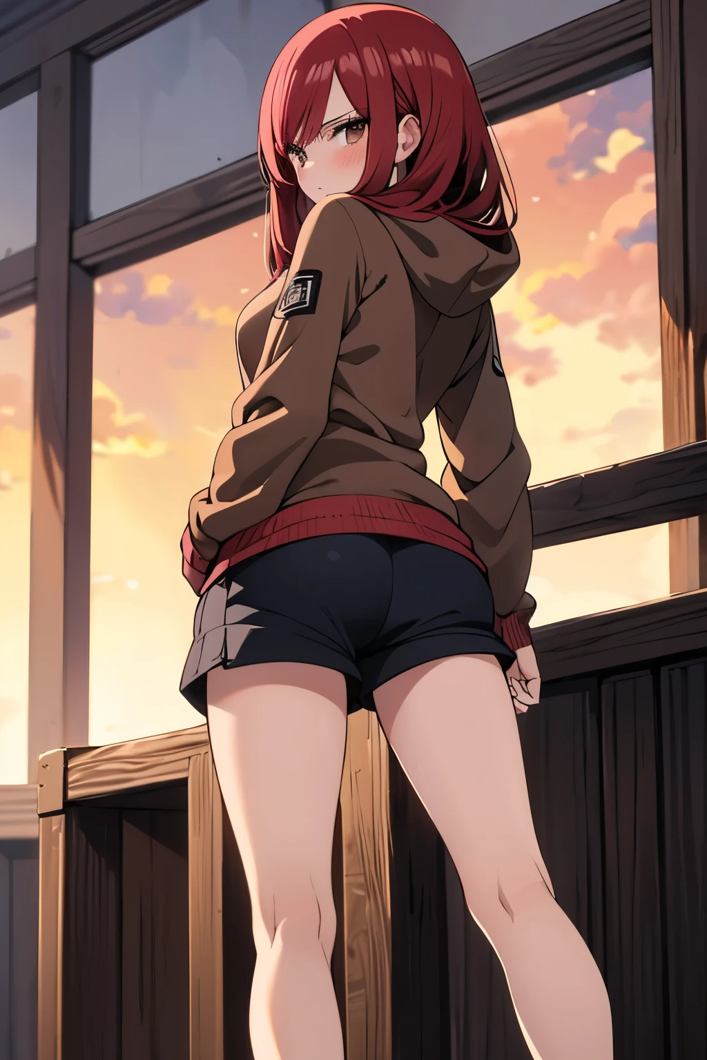absurdres, highres, ultra detailed, young adult, Erza scarlet ,blush , solo, brown eyes, brown hoodie (hood down), black shorts, medium chest, medium ass, wide legs, looking at viewer, straight hairstyle.