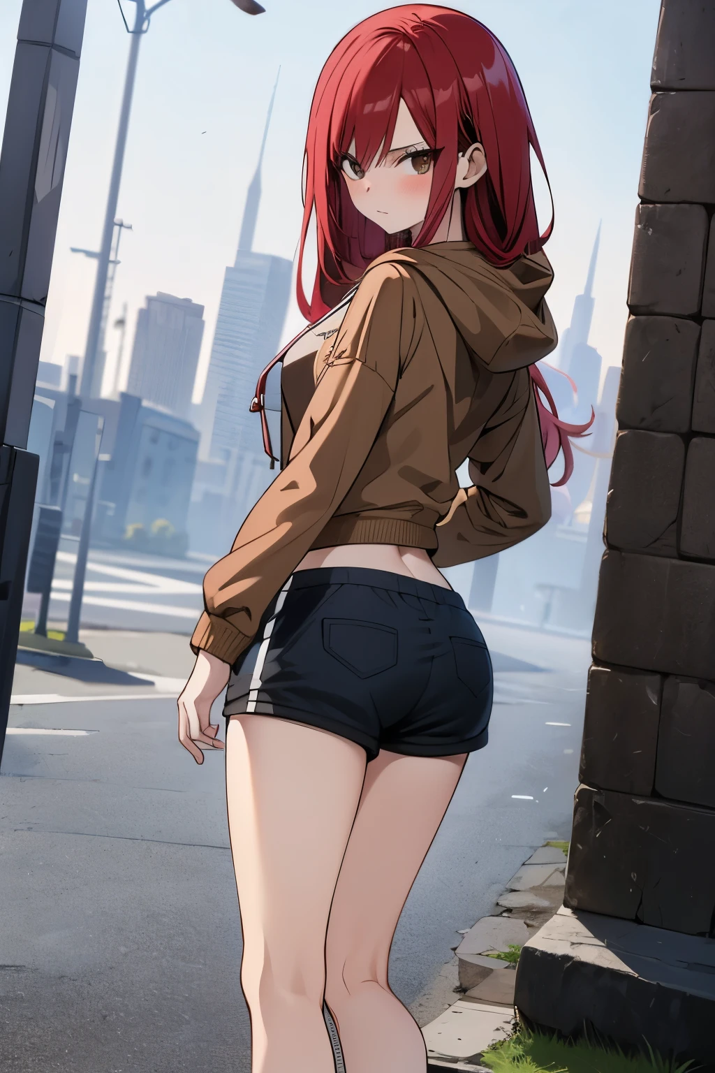 absurdres, highres, ultra detailed, young adult, Erza scarlet ,blush , solo, brown eyes, brown hoodie (hood down), black shorts, medium chest, medium ass, wide legs, looking at viewer, straight hairstyle.