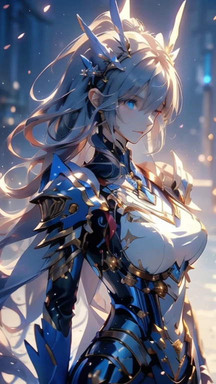 fantasy world , people間の武器 女性, single ponytail, blue very long hair , White Machine Armor ,handmade sword , high detail(1.2), accurate, people々 accurately , 8K octagonal rendering ,