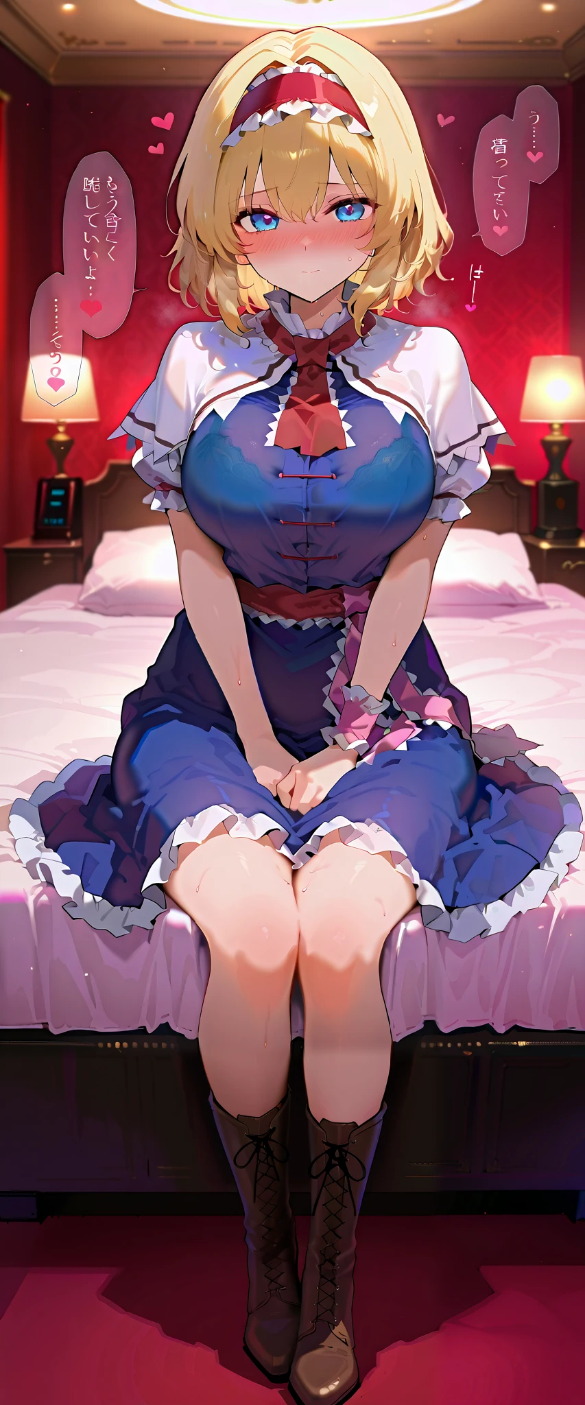 masterpiece, beautiful woman, adult female, cute, score_9, score_8_up , score_7_up , , rating_ general , alice margatroid, medium hair, blonde hair, blue eyes, ,red hairband, ta hairband, frilled hairband,white capelet, blue dress, frilled dress, frilled ascot, red ascot, puffy short sleeves, brown footwear, cross-laced footwear, boots, slim, slender body, (NSFW, bra), (indoor, Love Hotel , bed, dim), full-face blush、speech bible, lovely face, embarrassed, sweat, full blush, loving you, hide your face with your hands when parting ways:1.3, lovely hearts:1.4, heart-shaped pup ils, speech bible, throw, source_anime
