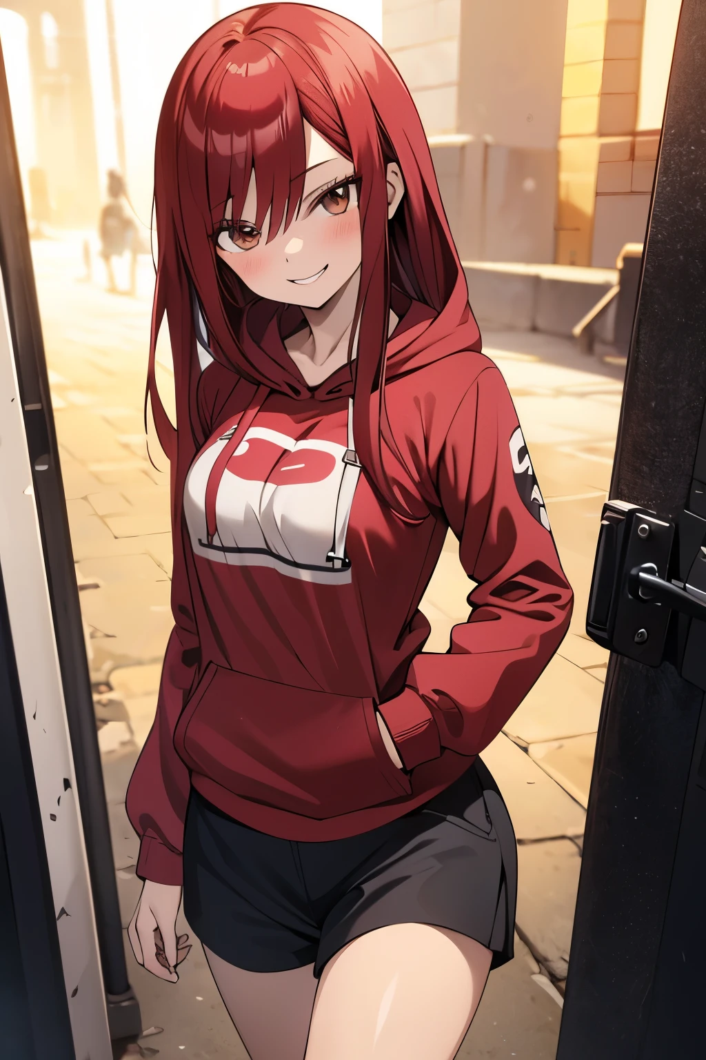 absurdres, highres, ultra detailed, young adult, Erza scarlet ,blush , solo, brown eyes, brown hoodie (hood down), black shorts, medium chest, medium ass, wide legs, looking at viewer, straight hairstyle, flirty smile, posing for photos.