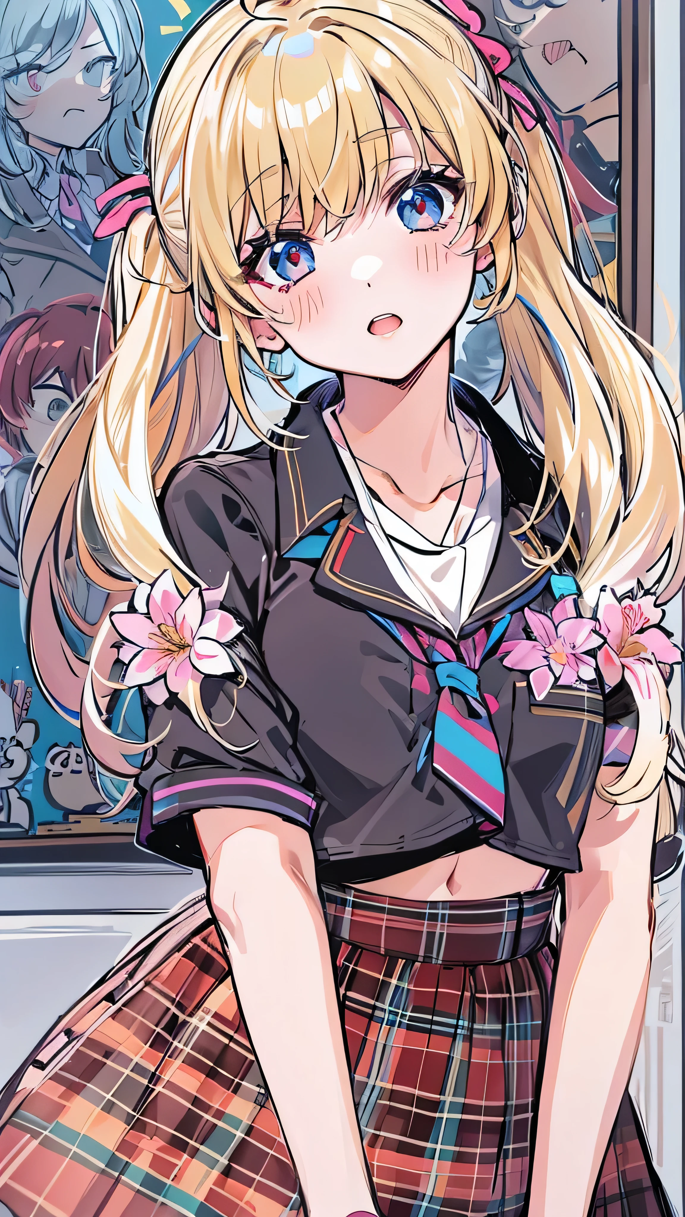 hot seductive mature woman, kaede akamatsu, curvy body, fluffy messy blonde hair, wearing cute white shirt and skirt, blushing a lot on cheeks and nose, lying in a white bed, eyes shot up, messy hair, sharp pink eyes, beautiful face, safe for work, smooth pale skin, lying in bed, closeup face from above, provocative smile, busty
