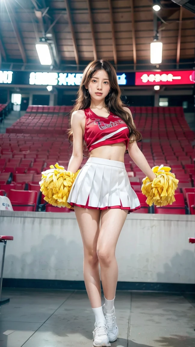 cheerleader ,health beauty, a handsome face, beautiful body, long legs, white skin,fine portrayal, Ultimate Details, baseball stadium, short skirt, tank top, Dance, Smile,front kick