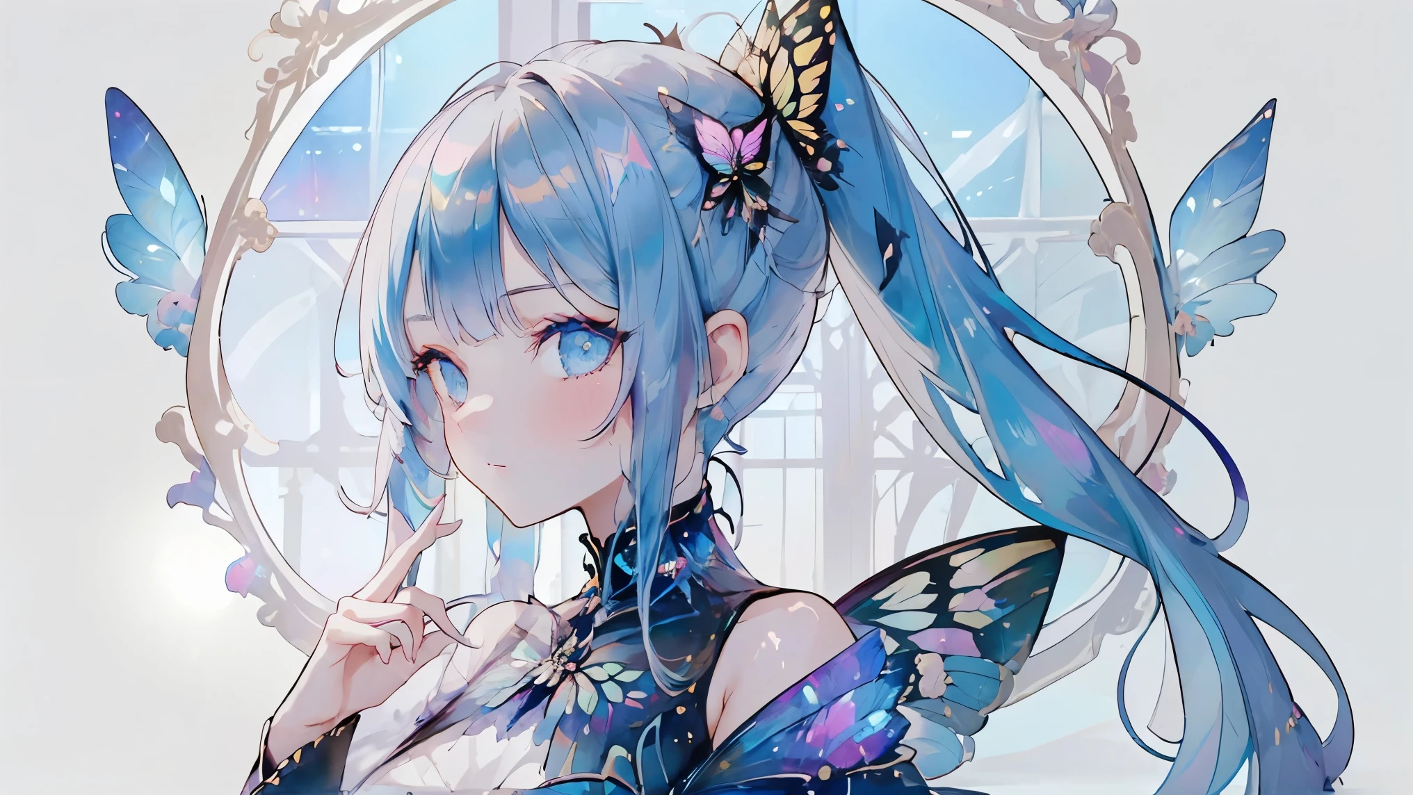 ((best quality)), ((masterpiece)), (detailed), perfect face, textured skin, ((super detail)), high quality, high details, hologram, Holographic colors, cyberpunk, cyberspace dweller, ((swallowtail butterfly wings)), Blue hair, long ponytail, Blue eyes, Kneel, support herself with her right hand
