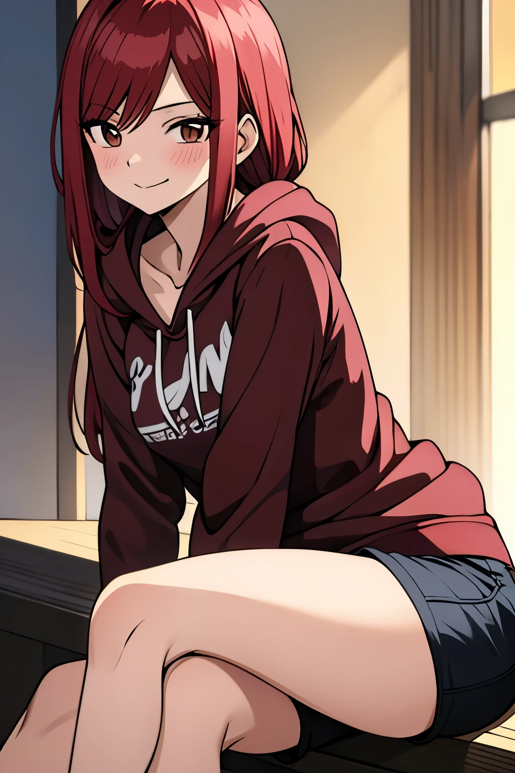 absurdres, highres, ultra detailed, young adult, Erza scarlet ,blush , solo, brown eyes, brown hoodie (hood down), black shorts, medium chest, medium ass, wide legs, looking at viewer, straight hairstyle, flirty smile, sitting down, lifting up hoodie, revealing chest
