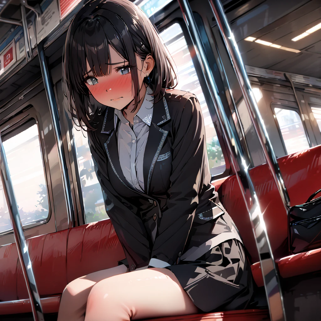 "(masterpiece, High resolution, Ultra High resolution, 4K) black hair, Japan girl at 14 years old, uniform skirt, emphasizing thighs, white thighs, soft thighs, Gorgeous thighs, Sitting on the train, face to face angle, (angle from below),sitting on a train seat,sitting in front,Crotch zoom camera,Put your feet on the train floor,whole body,Sleepy looking down,only looking at the viewer", highest quality, 超High resolution, (realistic:1.4),, High resolution, detailed, RAW photo, Shapuri, Nikon D850 Film Stock Photo by Lee Jefferies 4 Kodak Portra 400 Camera F1.6 lens rich colors hyper realistic lively textures dramatic lighting unreal engine artstation trends cinestir 800,