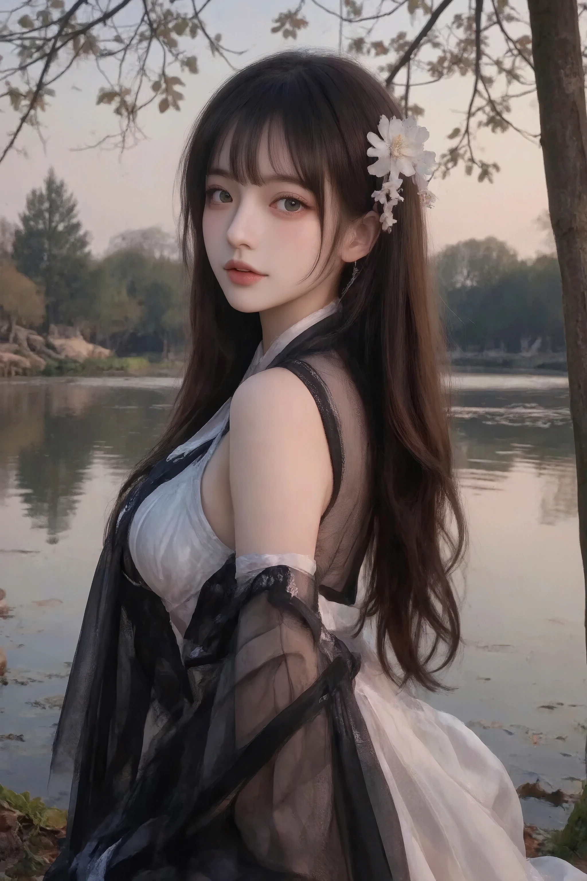  16k, nffsw, nffsw,  top quality,  masterpiece. (Cinematic digital art: 1.3),  high quality ,  masterpiece, Highest quality,  Super Details, illustration, [4k digital art]，(  sharp focus: 1.5), (Dim lighting :1.2), Depth of Field, Bokeh, 4K 、( masterpiece:1.3),   high resolution ,  Super Fine,  Extremely Fine CG Unity 8K Wallpaper,  actual , Realism,  original photo,  Beautiful Detailed Face , pale,  Detailed Cloth Texture , Detailed hair textures,  Perfect Fit,  beautiful face,  anatomically correct ,  Highly detailed facial and skin, Natural neck length, ( Beautiful Hands ), ( fair skin:1.2), Thin legs, Thin feet, Detailed Characters、A detailed face、 detailed background ,dusk，Slightly curly long hair， Wears a white flower headdress on the left side of the hair ，  looking at the camera ， Black and white translucent ancient Hanfu ，whole body，Sit sideways by the lake