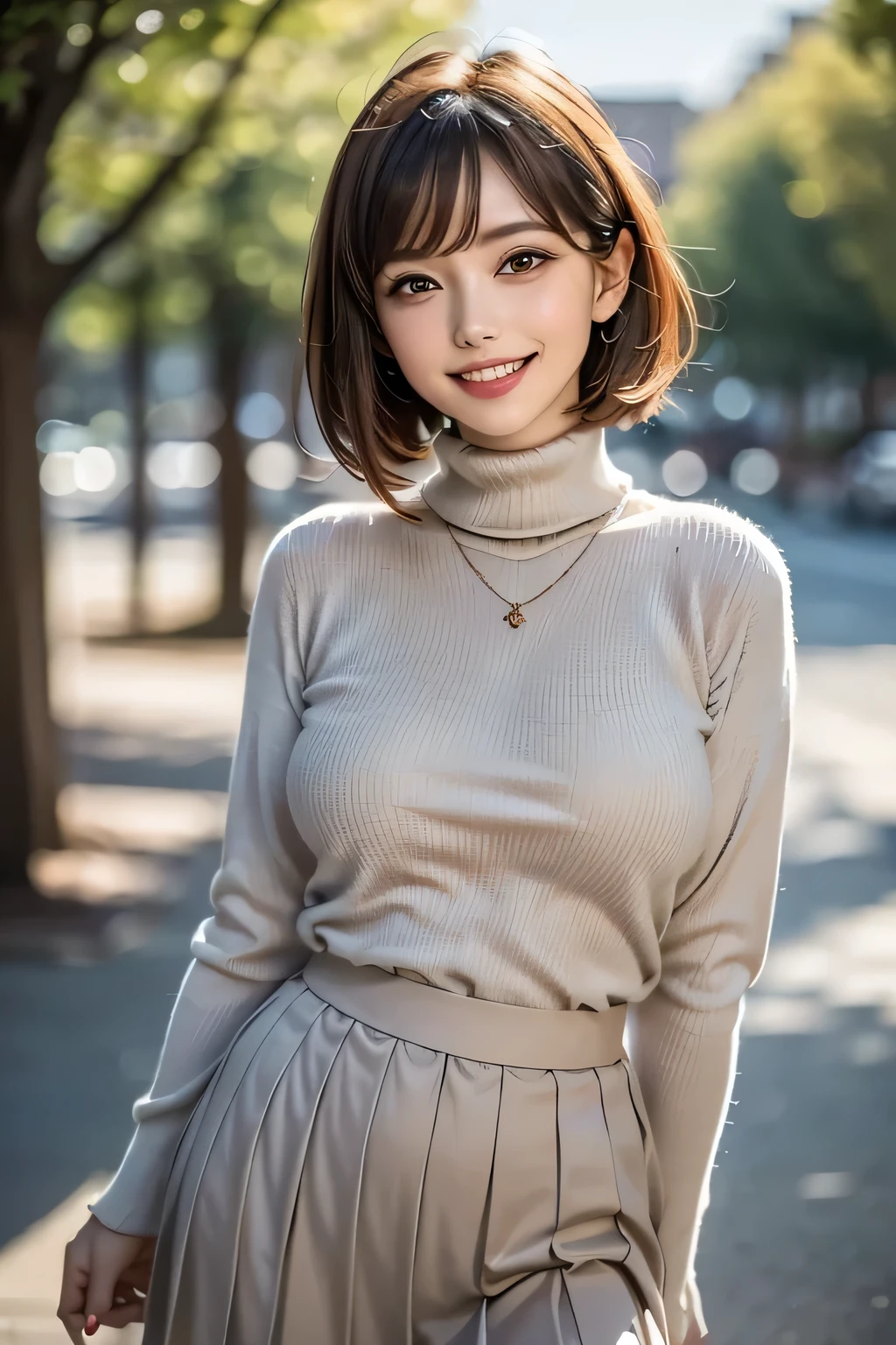 ((1. The Ultimate Beautiful Woman)),  mature,  beautiful face,   brown eyes ,  detailed lips ,   under the blue sky,  double eyelids,  long eyelashes, ((Big Breasts)), grin,   seductive gaze  , Bob Hair , (pink turtleneck sweater, light brown short pleated skirt), Thighs, Detailed, (background: Park many trees),  accessories, ((Cowboy Shot )), (  High Depth of Field  ), ((masterpiece)), (( top quality)),  realistic , 16K HD,  very detailed with crimson hair, realistic lighting